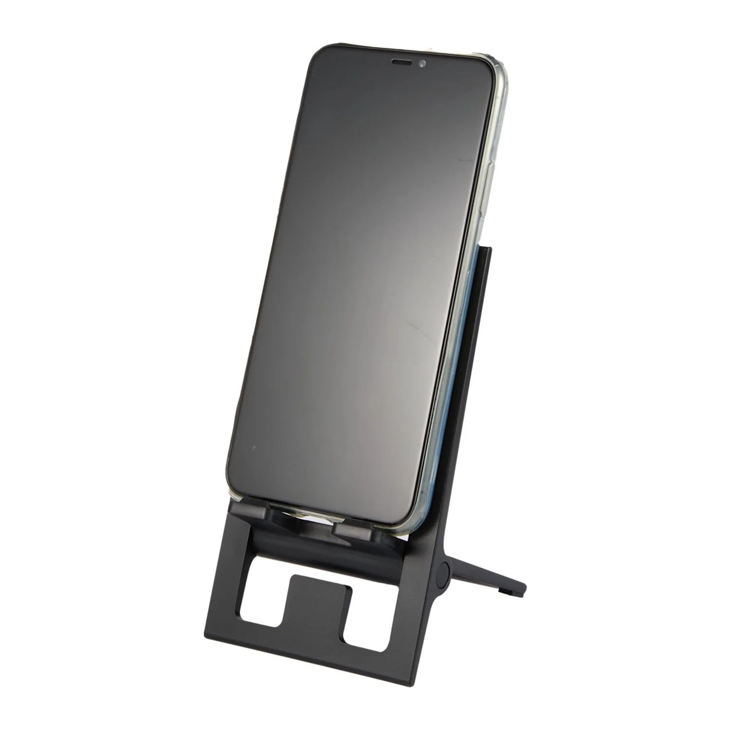 Front angle of the Reflex Foldable Eco Phone Stand with phone inserted upright.