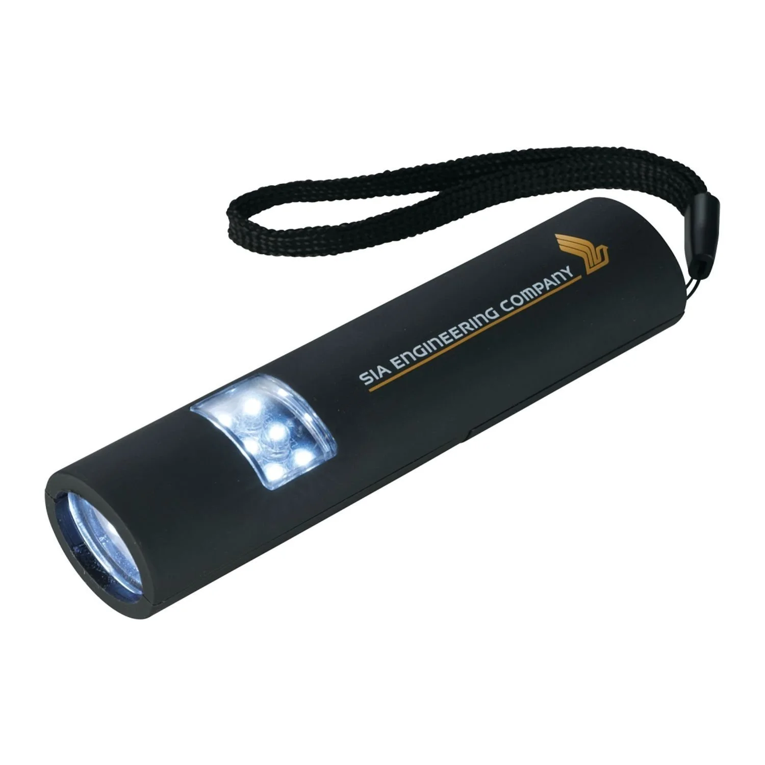 Slim Mini COB Flashlight with logo in Black shown with nylon strap