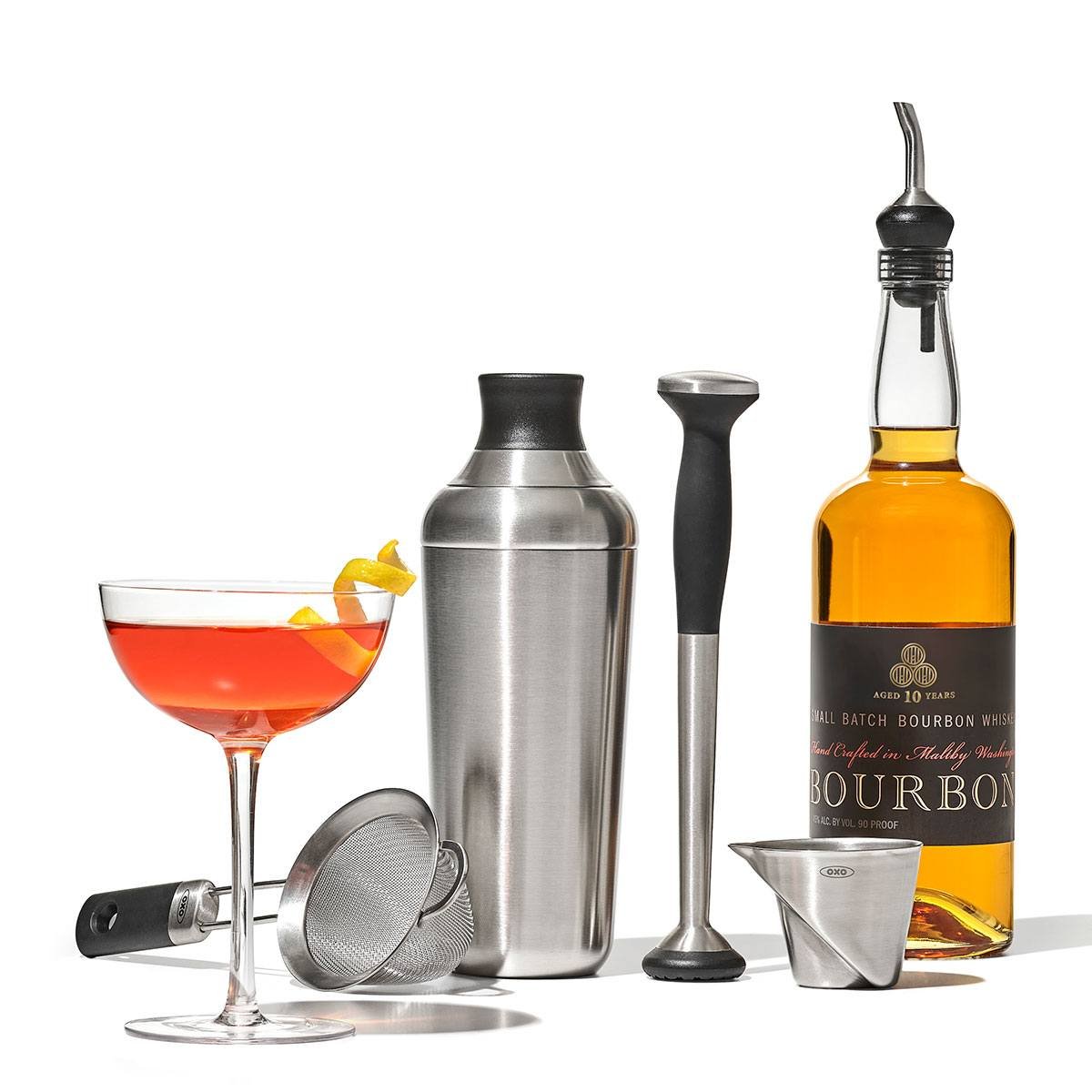 Full barware set with bourbon bottle – "OXO 6-piece barware set for premium cocktail crafting"
