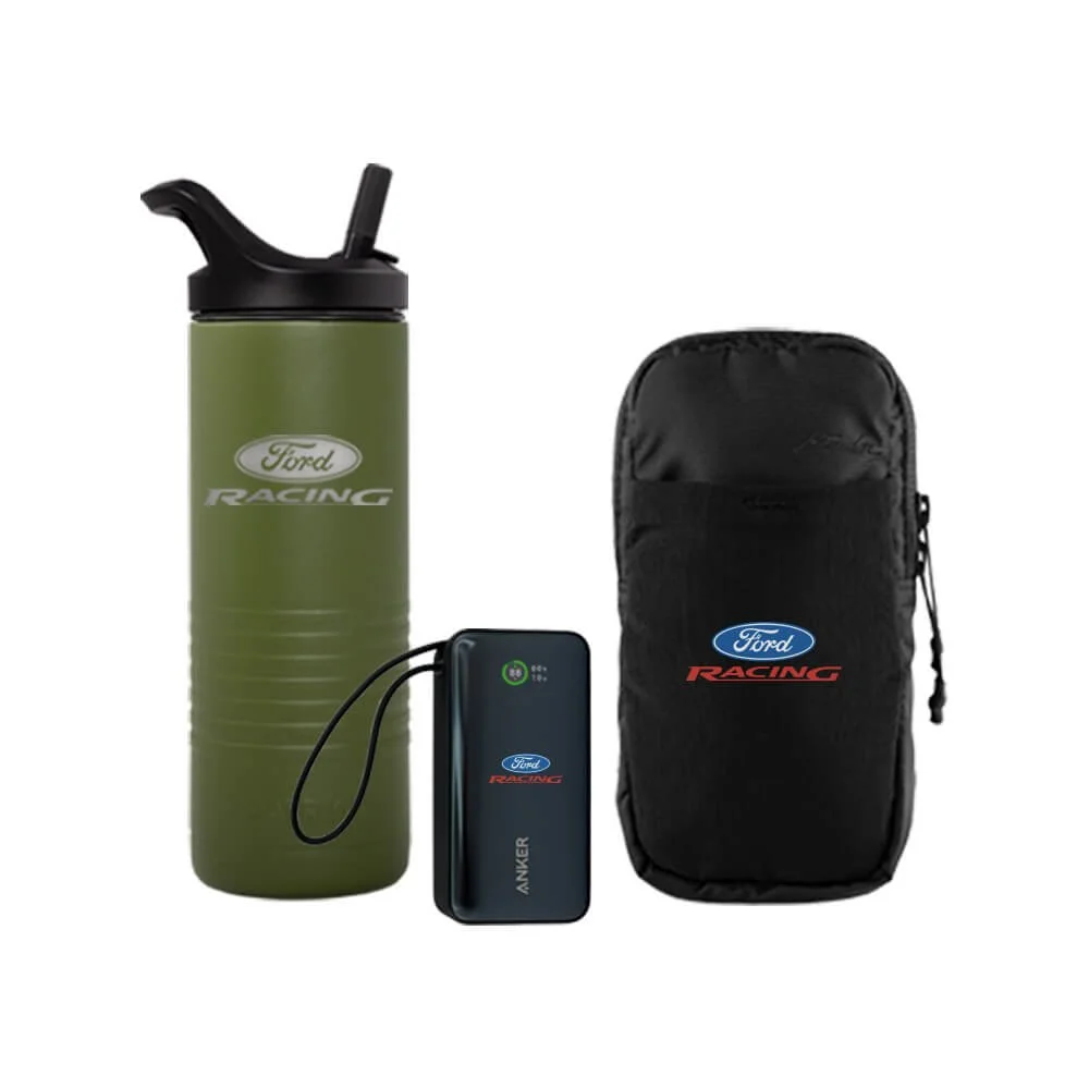 Olive green bottle, Anker power bank, and Matador pouch with Ford Racing logo