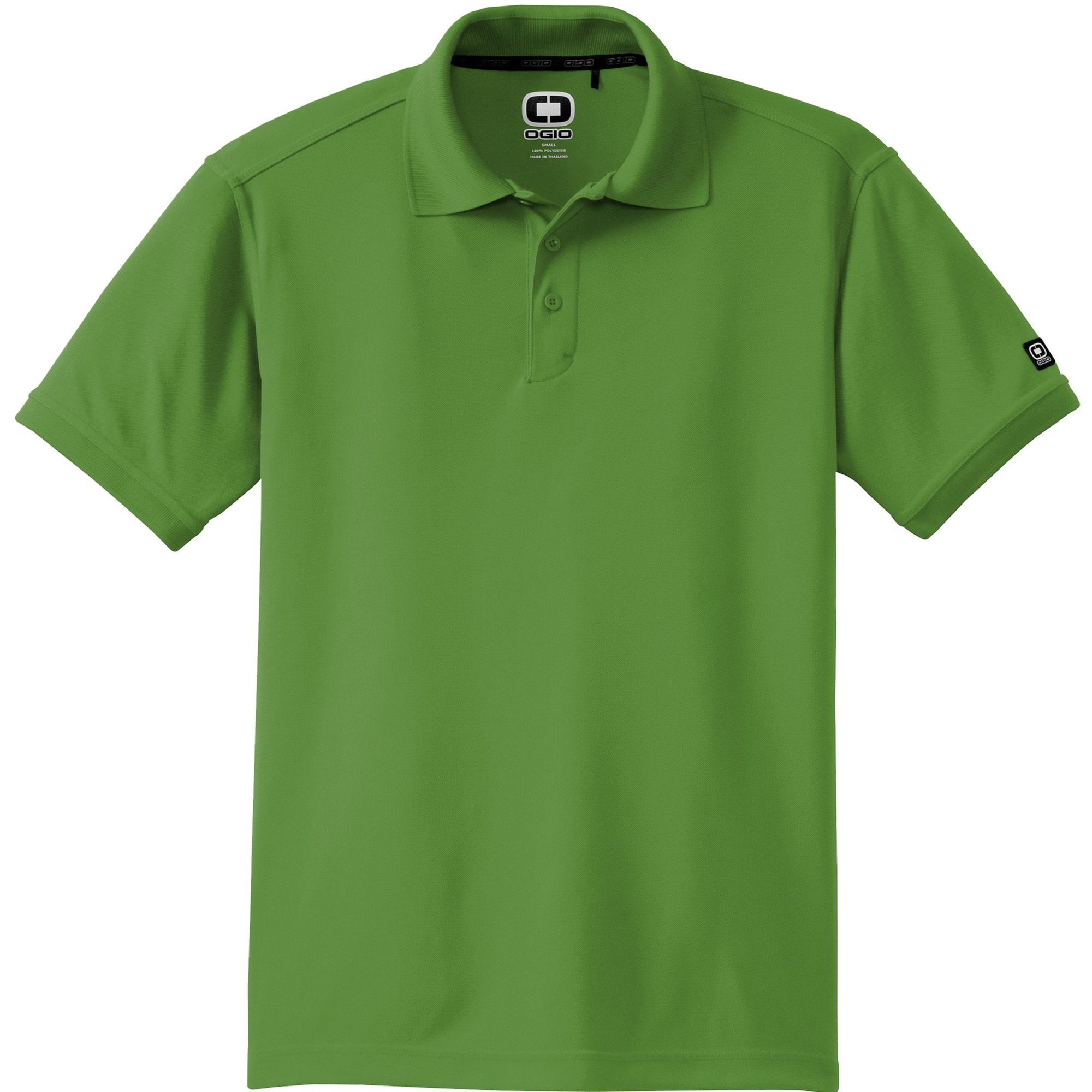 OGIO Caliber2.0 Polo in Gridiron Green, shown from front, featuring 3-button placket and tonal OGIO sleeve logo.