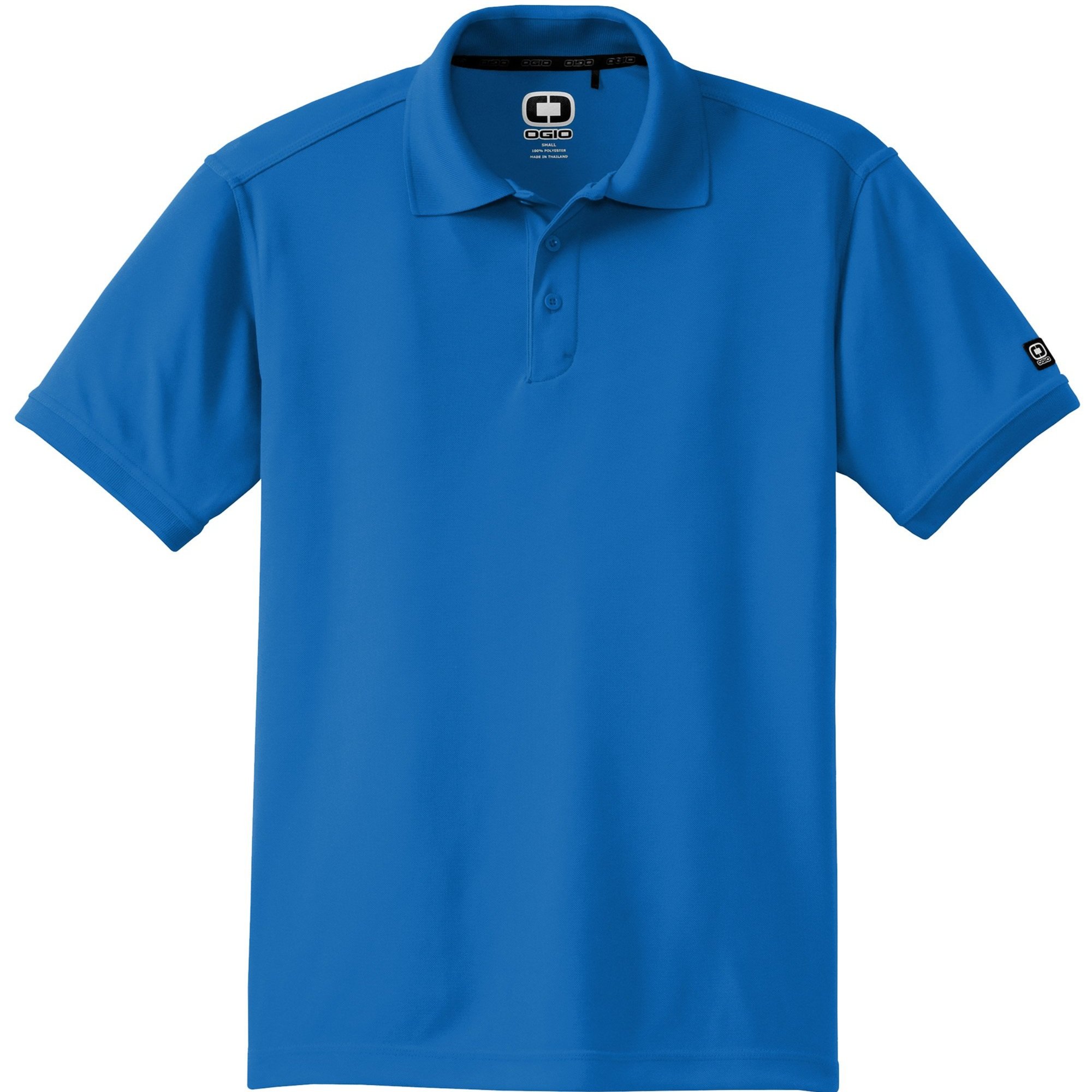 OGIO Caliber2.0 Polo in Electric Blue, shown from front, featuring 3-button placket and tonal OGIO sleeve logo.