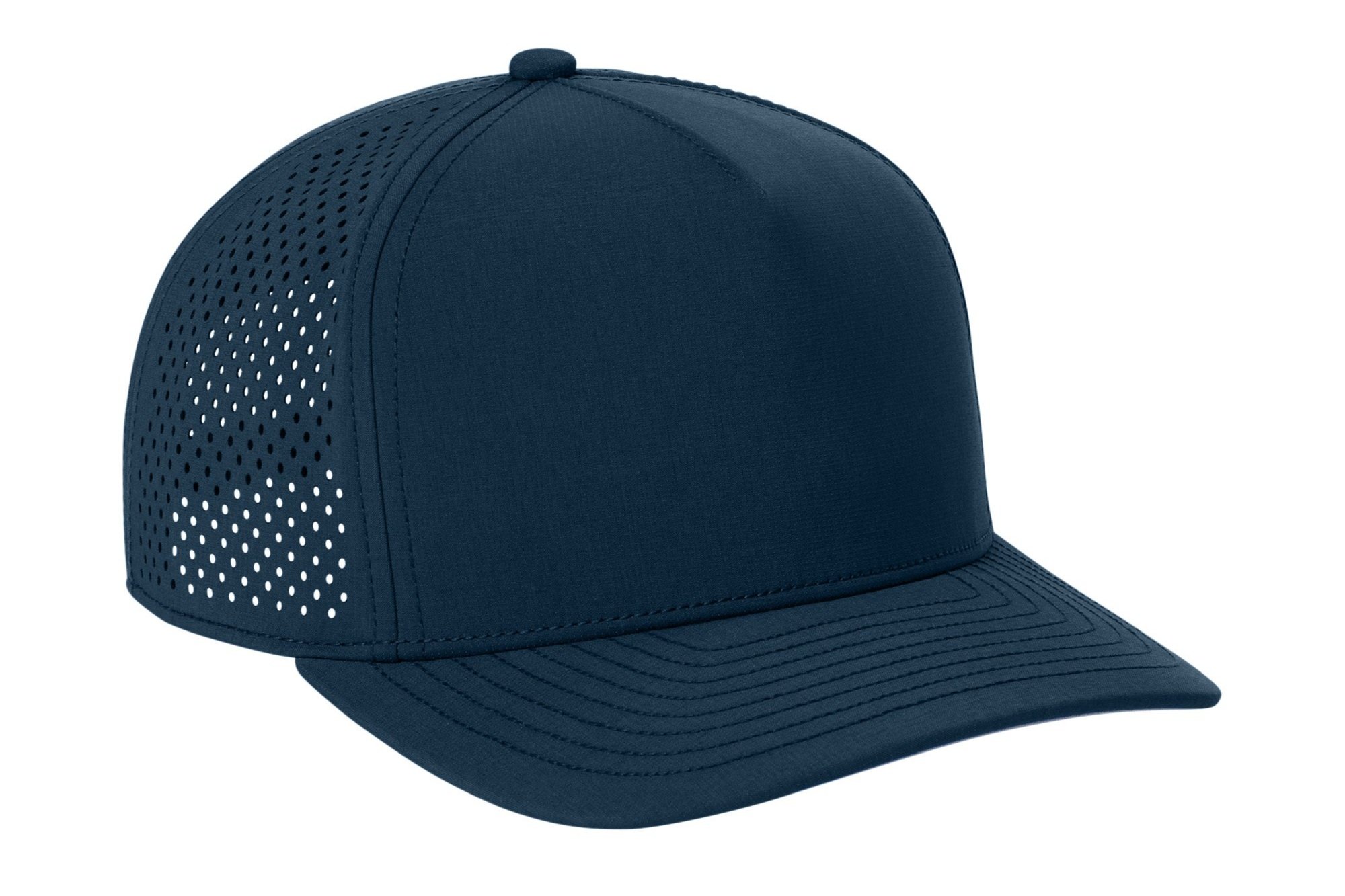 Right angle of the River Blue Navy OGIO 5-panel cap showing moisture-wicking fabric and stitching details