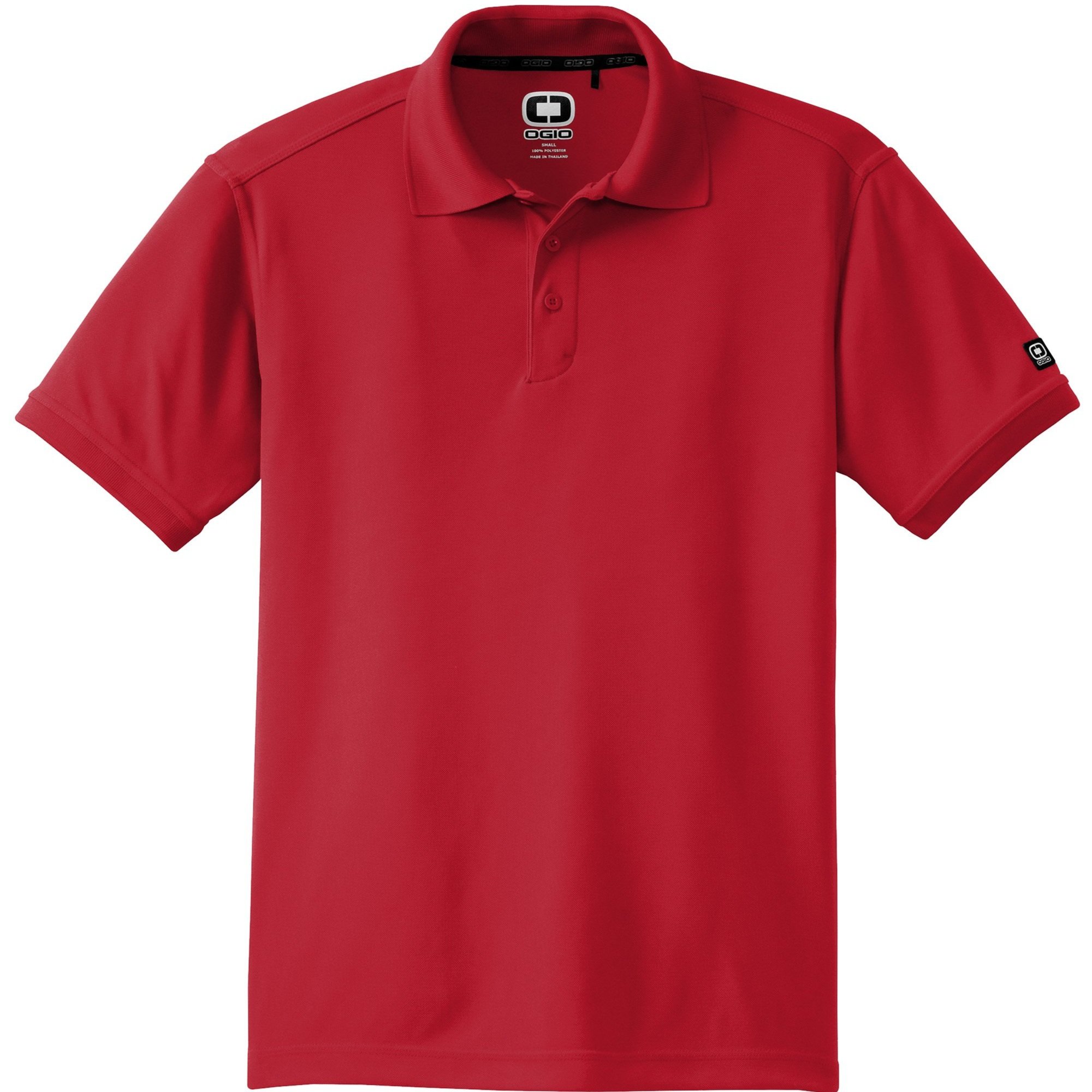 OGIO Caliber2.0 Polo in Signal Red, shown from front, featuring 3-button placket and tonal OGIO sleeve logo.