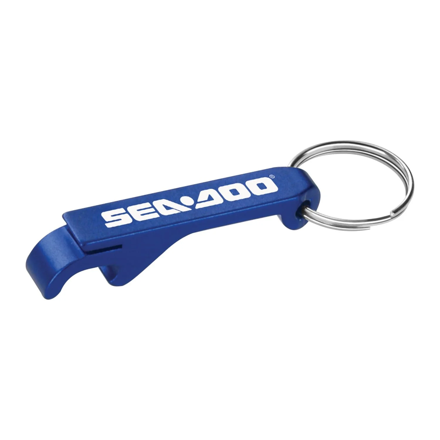 Custom Blue aluminum bottle and can opener keychain with laser-engraved logo