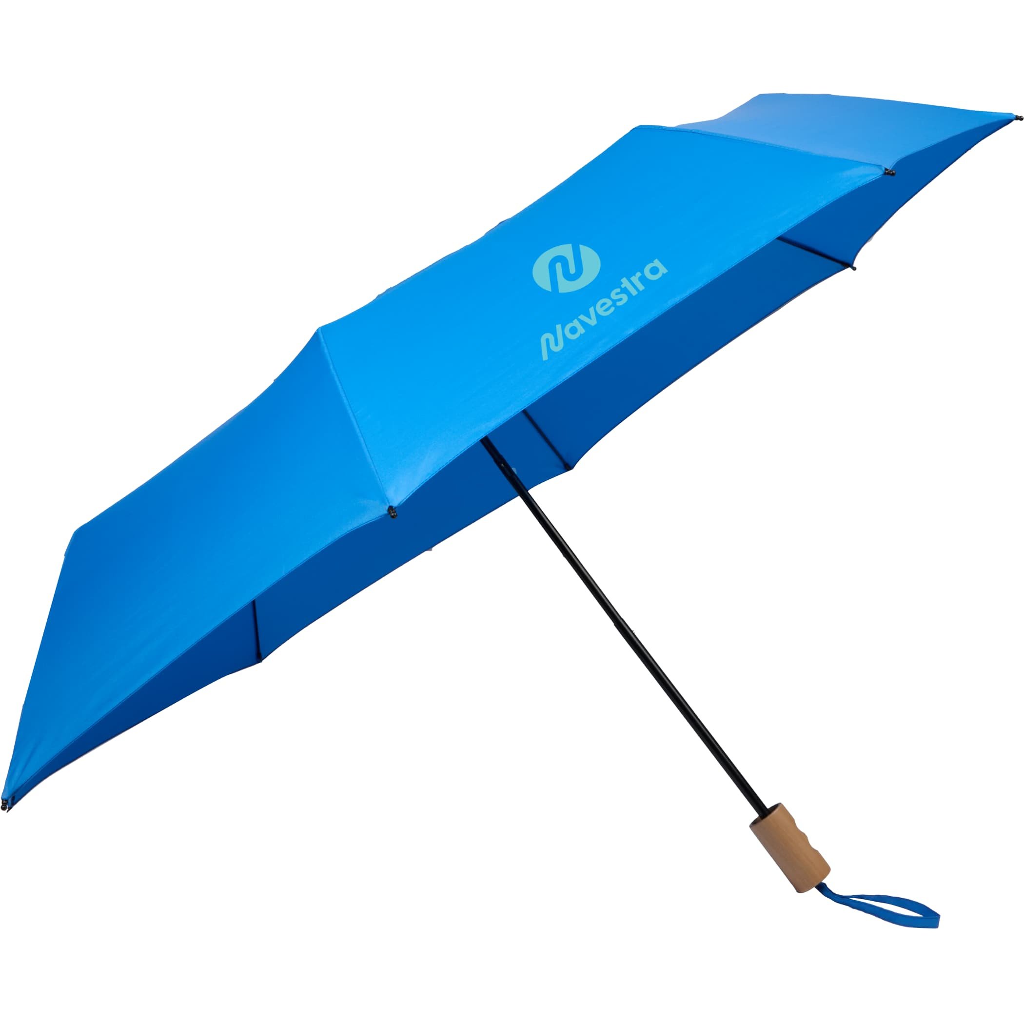 Angled view of royal blue umbrella showing logo and handle