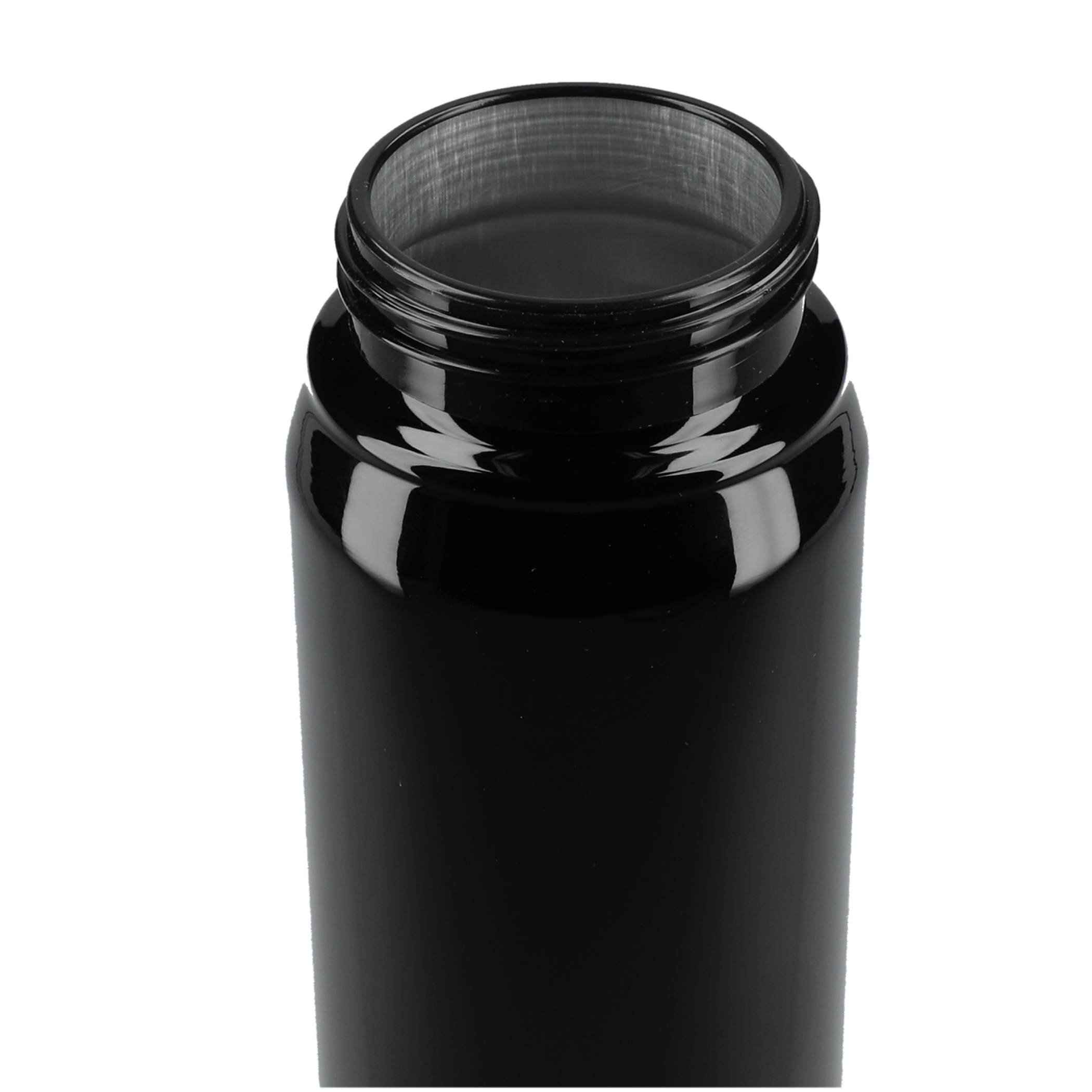 Open top view of Billy 26oz Eco Aluminum Bottle in black showing aluminum interior