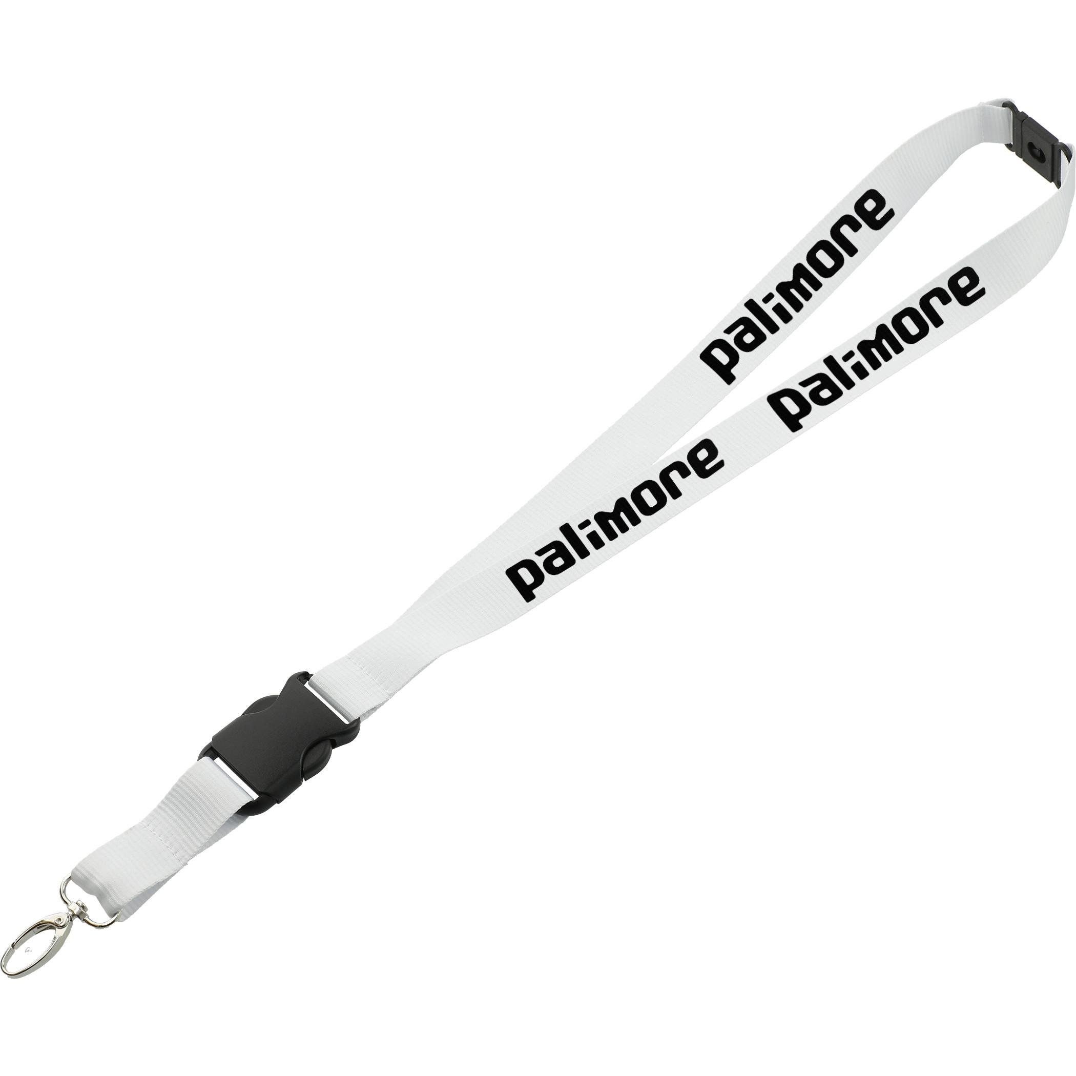 White lanyard with black "palimore" logo and plastic buckle