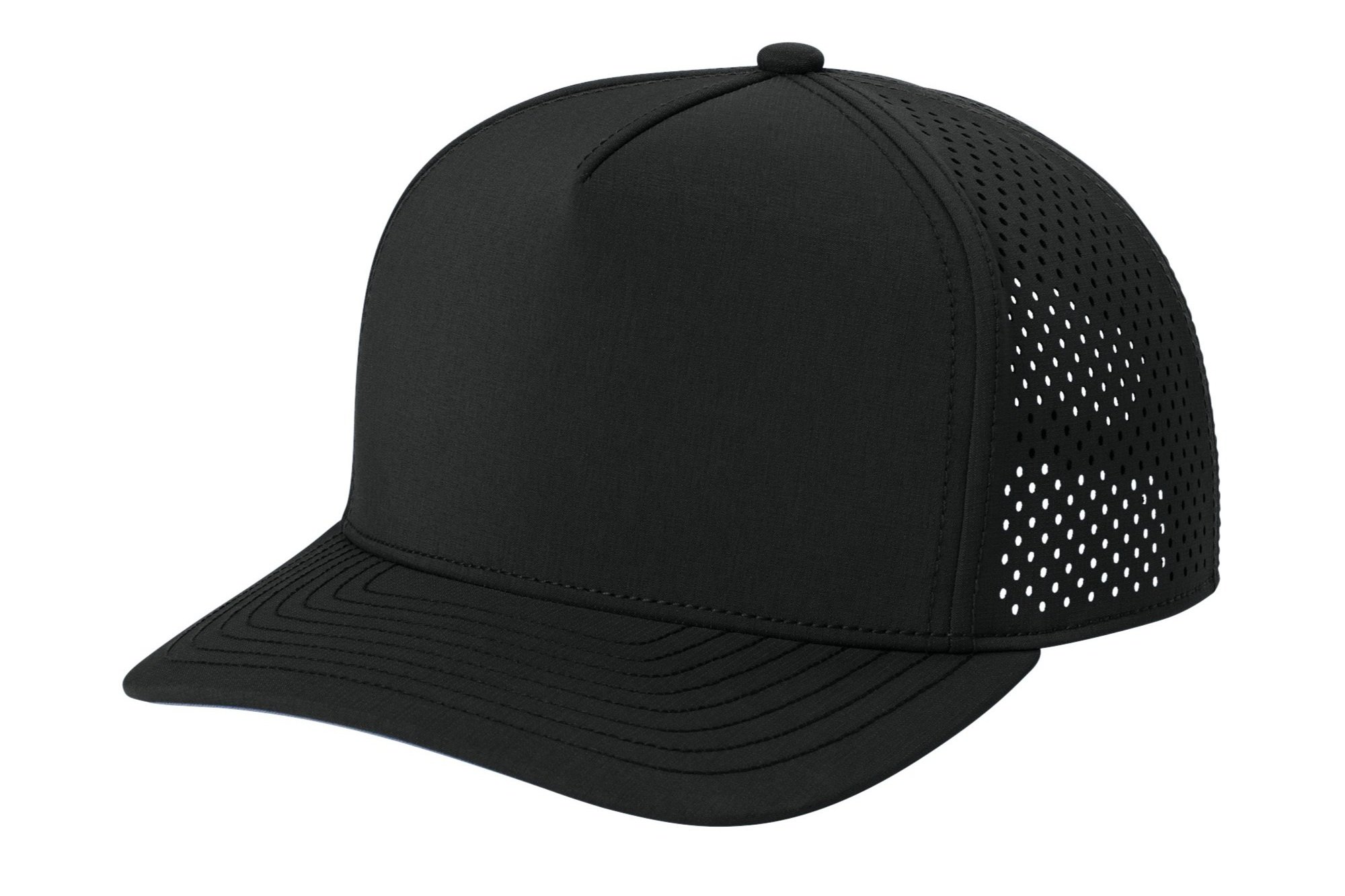 Left side of the Blacktop OGIO performance cap highlighting the breathable panel construction and sleek profile