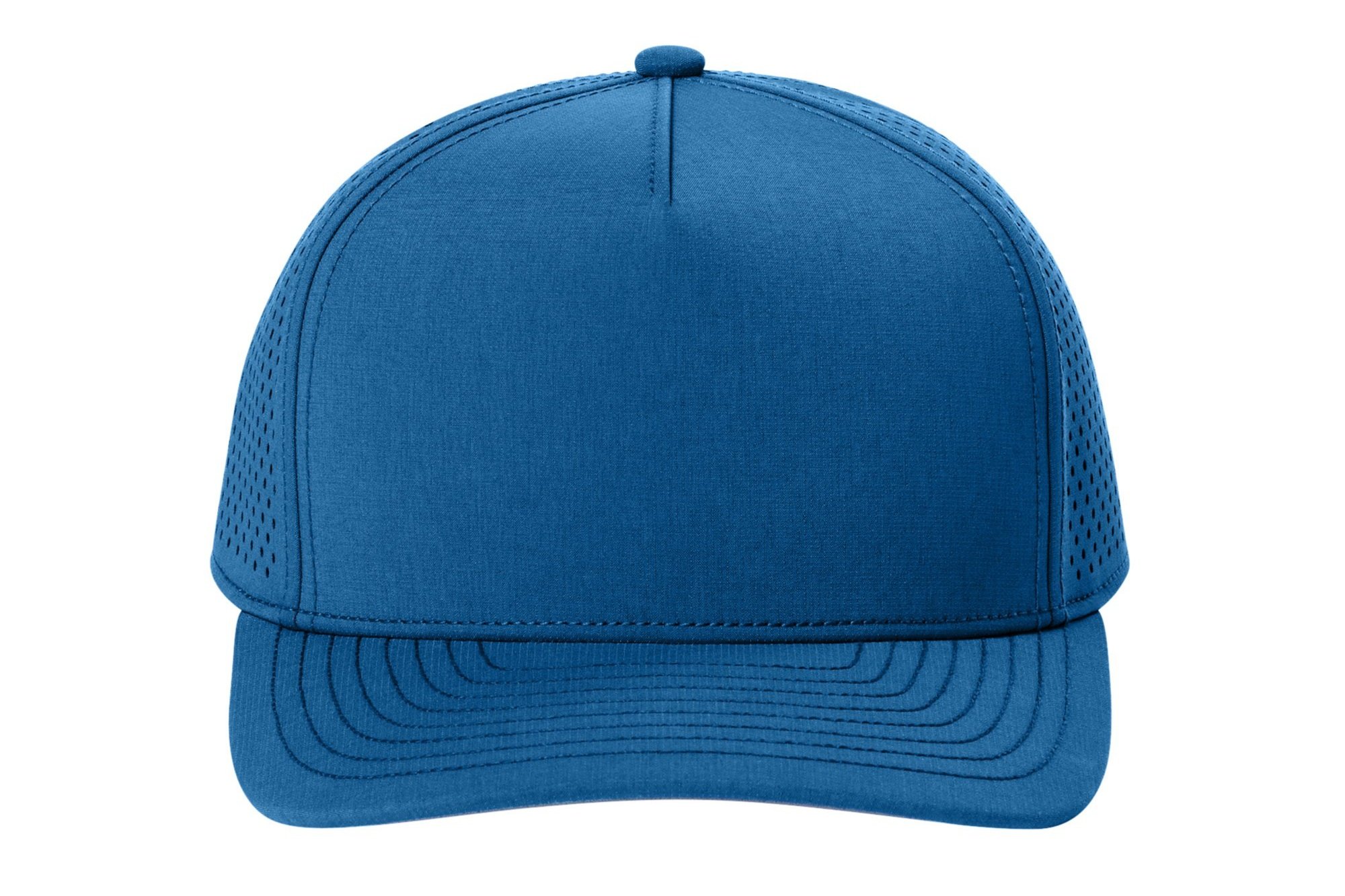 Front view of the Cobalt Blue OGIO 5-panel low-profile performance cap with structured crown and curved visor
