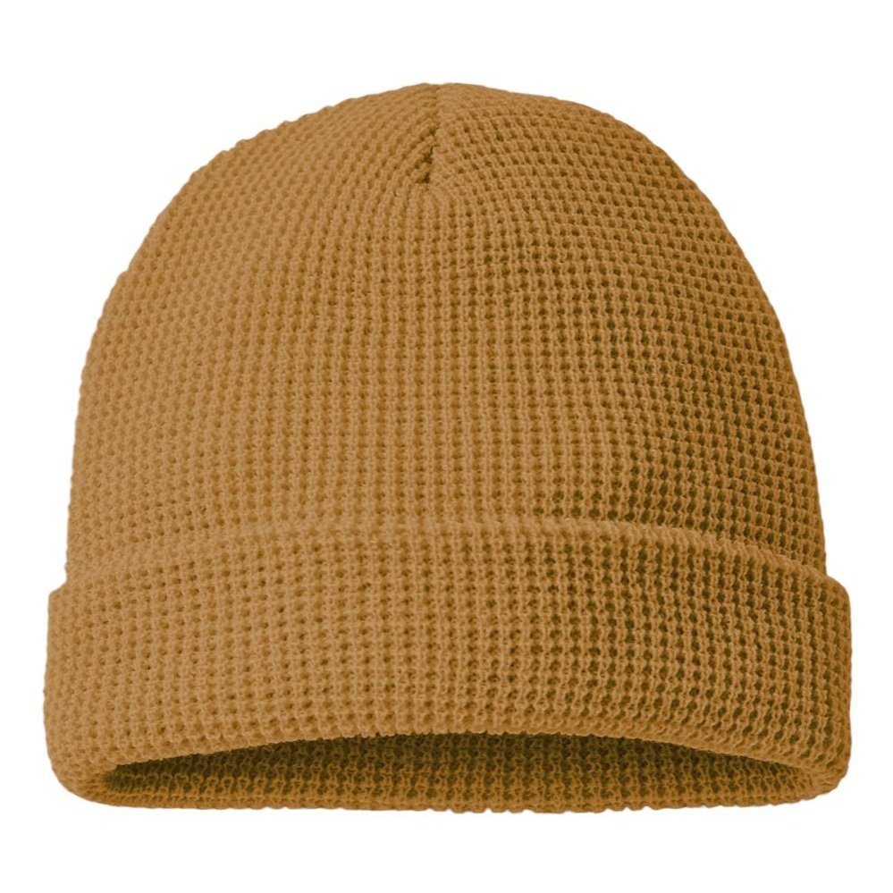 Flat lay of the Richardson 146R Waffle Knit Beanie in Camel with visible cuff and seams