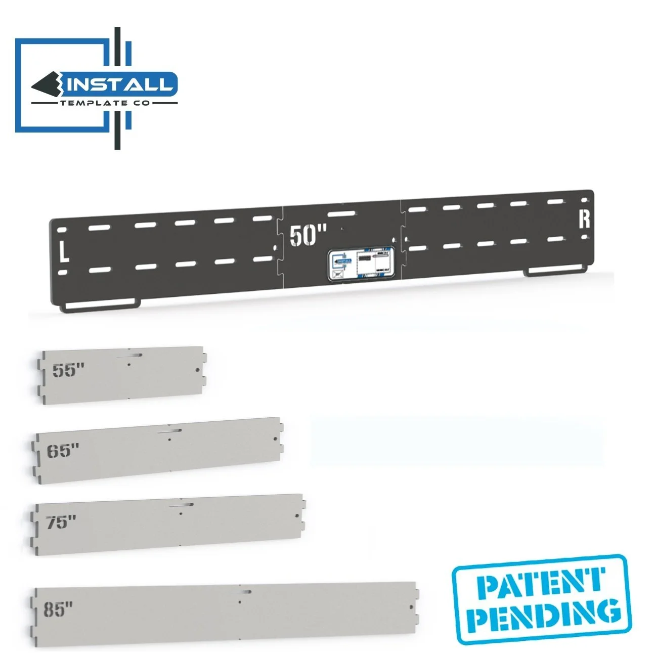 A black wall-mounted metal shelving unit with a 50-inch width, and several gray shelves of various sizes labeled 55-inch, 65-inch, 75-inch, and 85-inch, with a blue "Patent Pending" stamp in the bottom right corner.