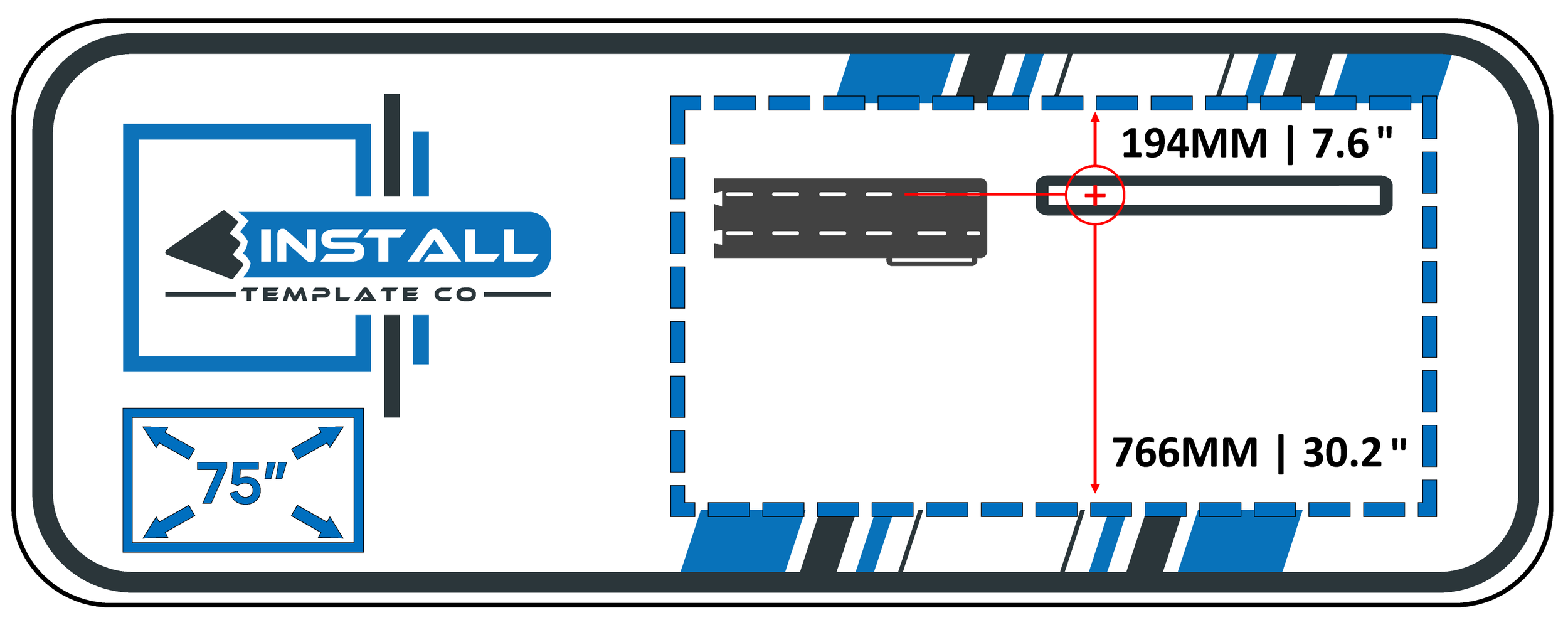 A graphic label with installation instructions for a wall mount. It shows dimensions of 194mm (7.6 inches) in width and 766mm (30.2 inches) in height, with a guideline for keyhole size of 75 inches.