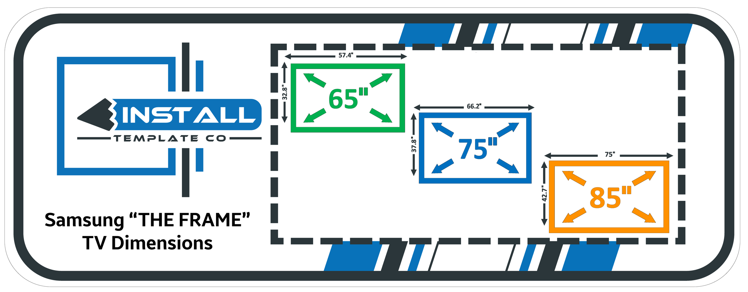Diagram showing TV sizes and dimensions for Samsung 'The Frame' TV models, including 65-inch, 75-inch, and 85-inch screen measurements with respective width and height in inches.