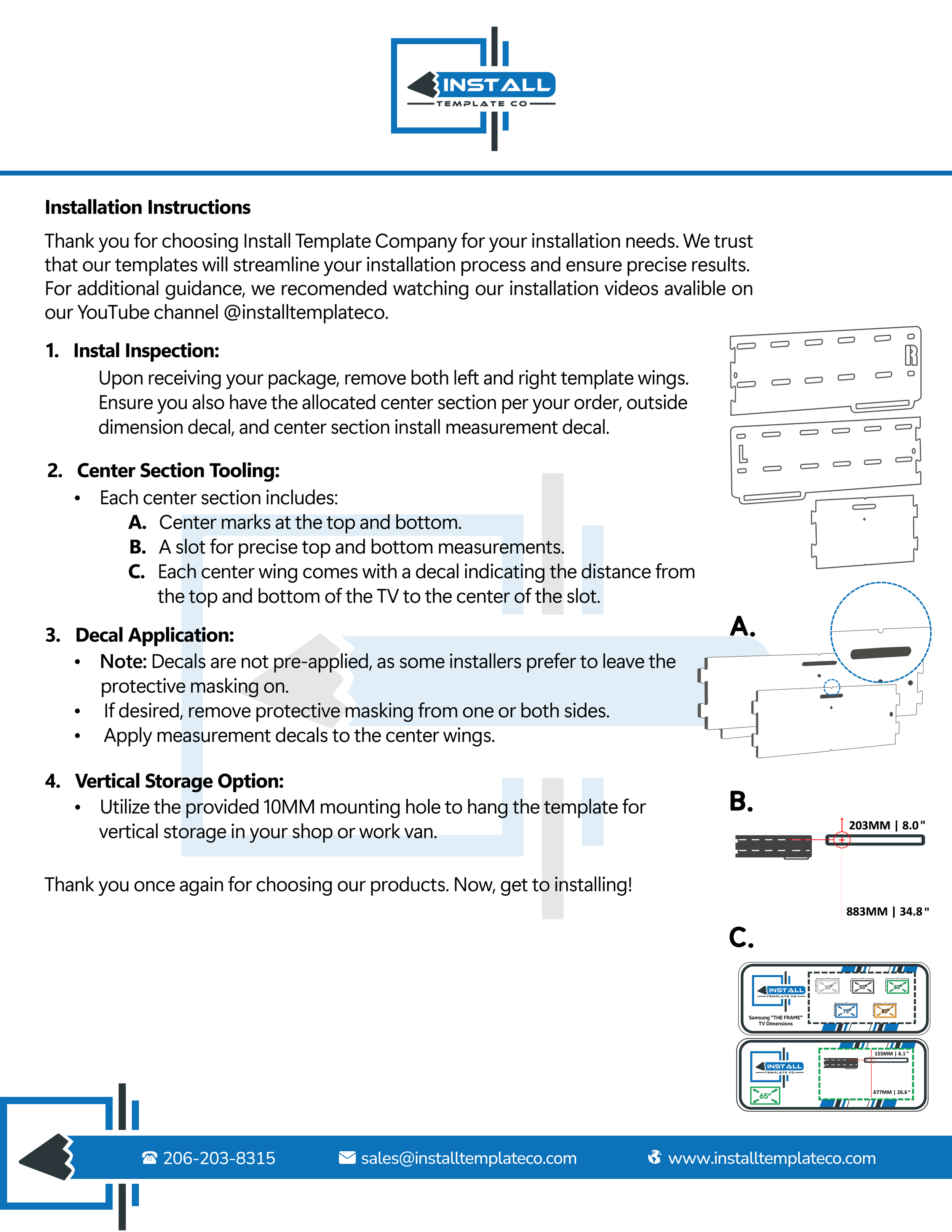 Installation instructions from Install Template Company for mounting a TV, including steps for inspection, centering, decoding, and vertical storage options with diagrams and measurements.