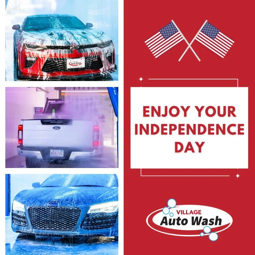 🎆 Happy Independence Day from Village Auto Wash! 🚘🚙 Get your ride looking its best for the celebrations. Stop by for a sparkling clean wash today! 💫 Village Auto Wash is a brand new state-of-the-art touch-free car wash specializing in maintaining