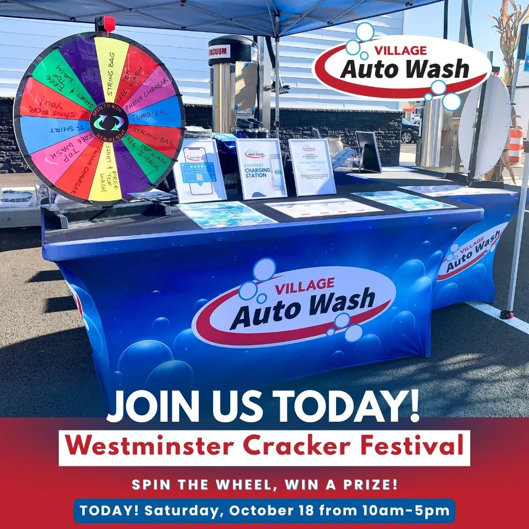 Woo! Today's THE DAY! 🎉 Stop by the Village Auto Wash tent at the 10th Annual Westminster Cracker Festival. Show us that you've downloaded the Village Auto Wash mobile app 📲 (do it now!) for your chance to win a ✨6 MONTHS WASH CLUB membership to ou