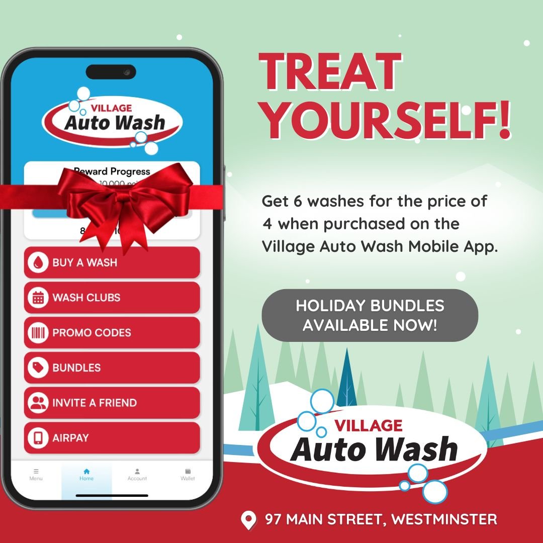 🎁 TREAT YOURSELF! *Or your friends, family, co-workers or employees! ✨Our TRANSFERABLE HOLIDAY BUNDLES are 6 washes for the price of 4 when purchased on the Village Auto Wash Mobile App. ❇️ With your purchase, you will receive 6 individual single-us