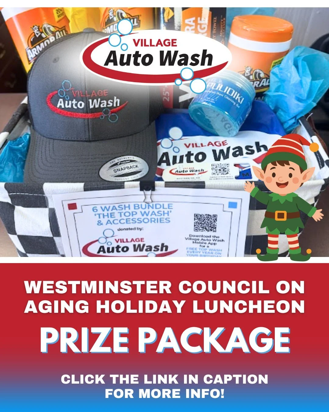 Hey Seniors! 👋🏼 We put this Village Auto Wash prize package together for the upcoming Westminster Council on Aging Holiday Luncheon 🍽, to be held on Wednesday, 12/17. Want in on the luncheon and a chance to win cool prizes like this? ✅Contact the 