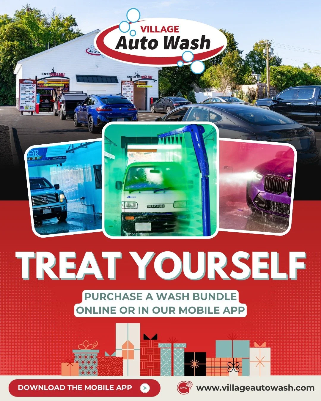 🎁 TREAT YOURSELF! *Or your friends, family, co-workers or employees! ✨Our TRANSFERABLE HOLIDAY BUNDLES are 6 washes for the price of 4 when purchased online at the link below or on the Village Auto Wash Mobile App. ❇️ With your purchase, you will re