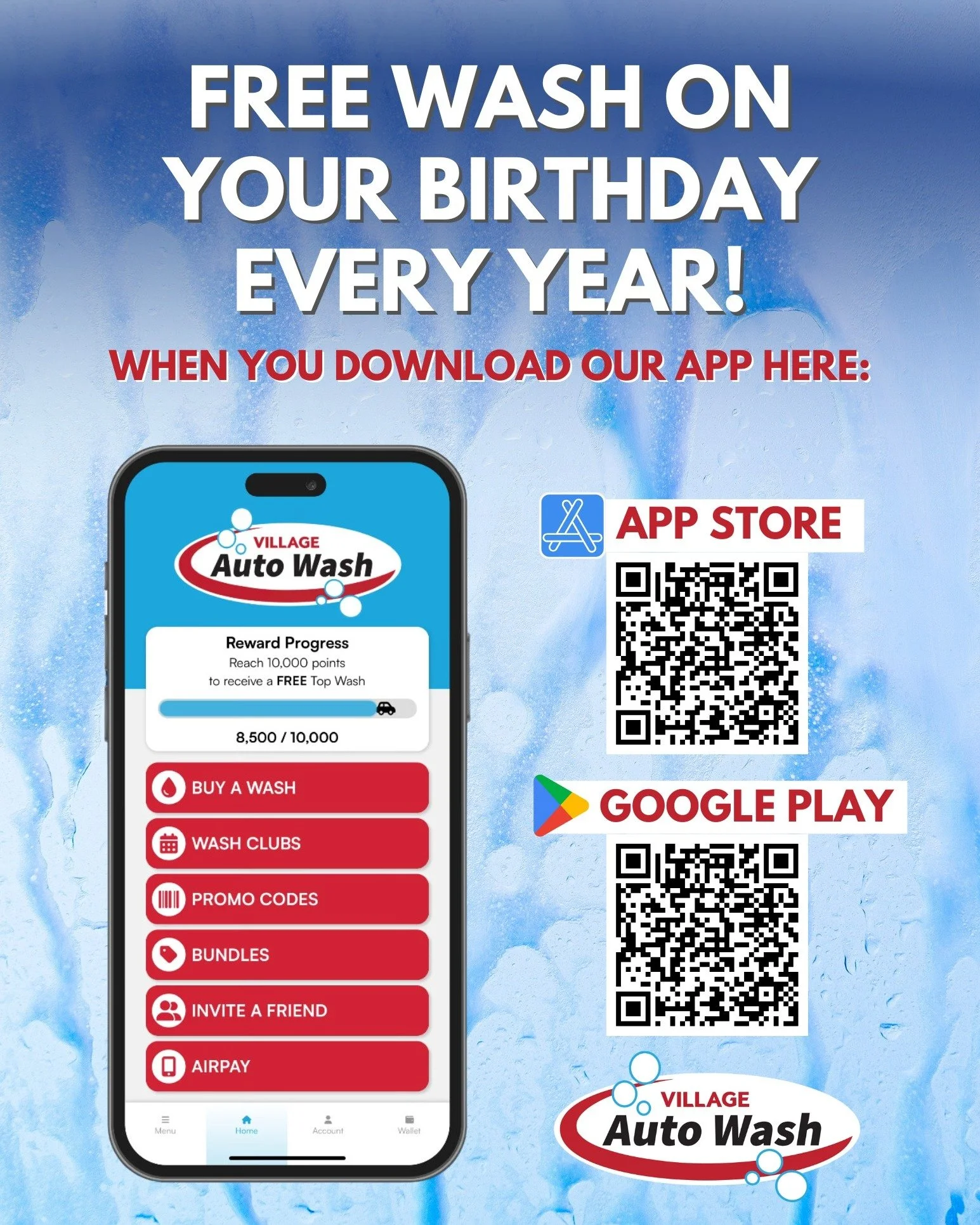 HAPPY NEW YEAR! 🎆 IT&rsquo;S YOUR BIRTHDAY MONTH, TOO? 🎂 Wahoo! Make it a good one, and download the Village Auto Wash Mobile App for a FREE BIRTHDAY WASH on your birthday! 🎉 Village Auto Wash is a brand new state-of-the-art touch-free car wash sp