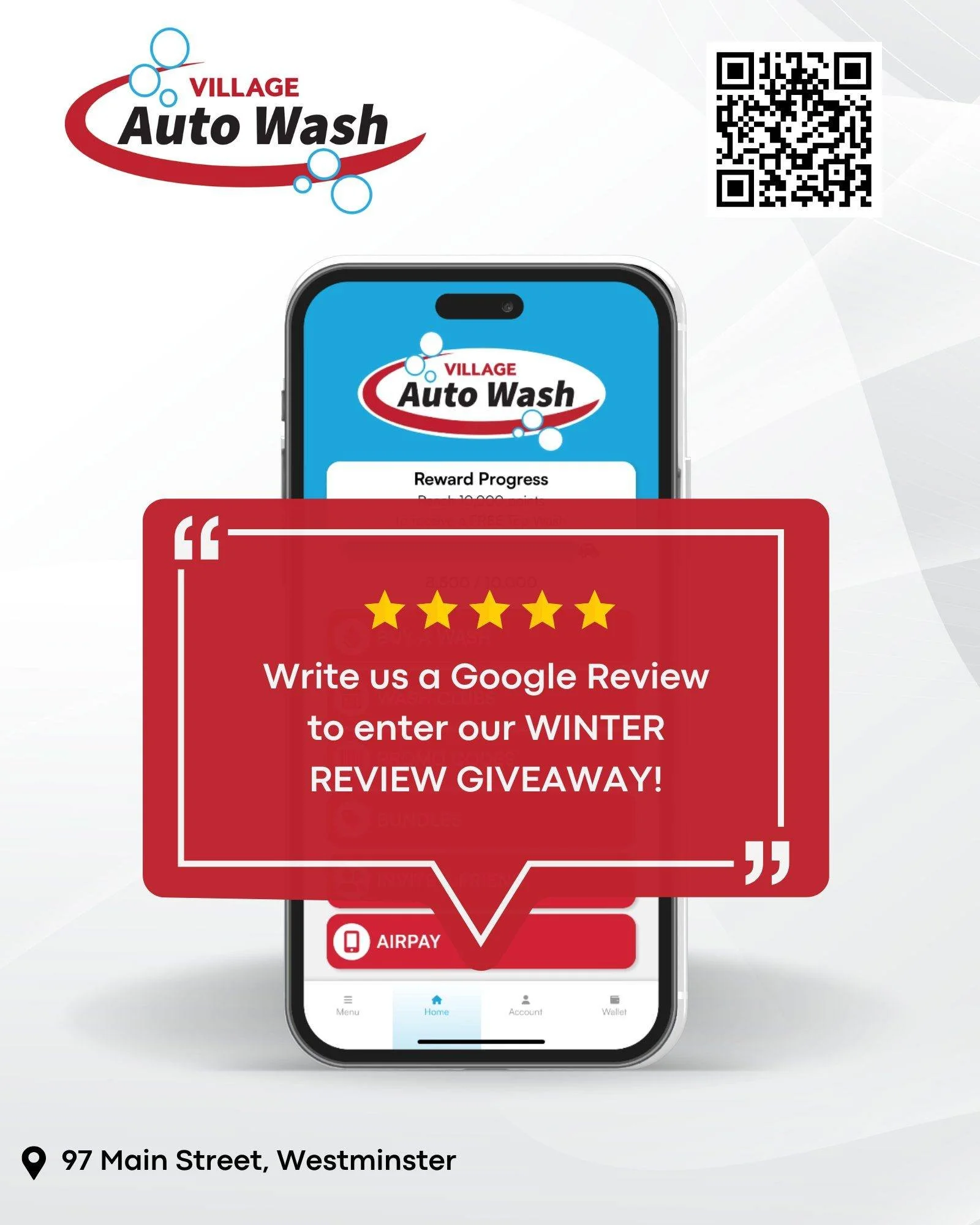 It's time for a WINTER REVIEW GIVEAWAY! ☃ Use the link below to WRITE A REVIEW ABOUT VILLAGE AUTO WASH and you&rsquo;ll be automatically entered to win our ❄️WINTER REVIEW GIVEAWAY❄️, with the prize being winner&rsquo;s choice of a $100 gift card to 