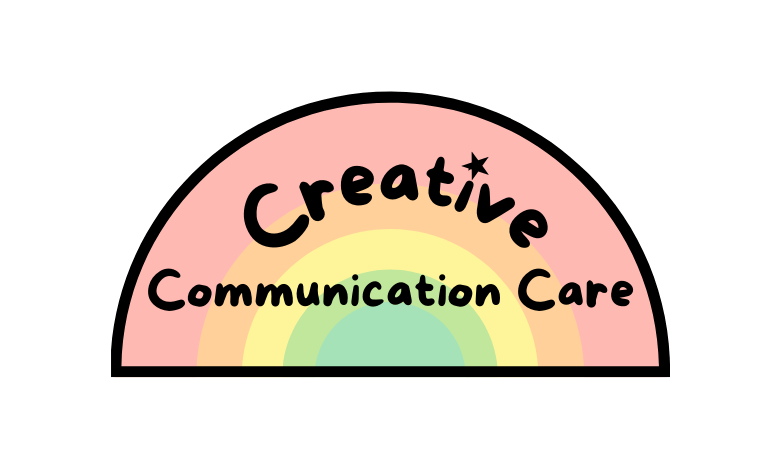 Colorful rainbow with text: 'Creative Communication Care' in playful font.