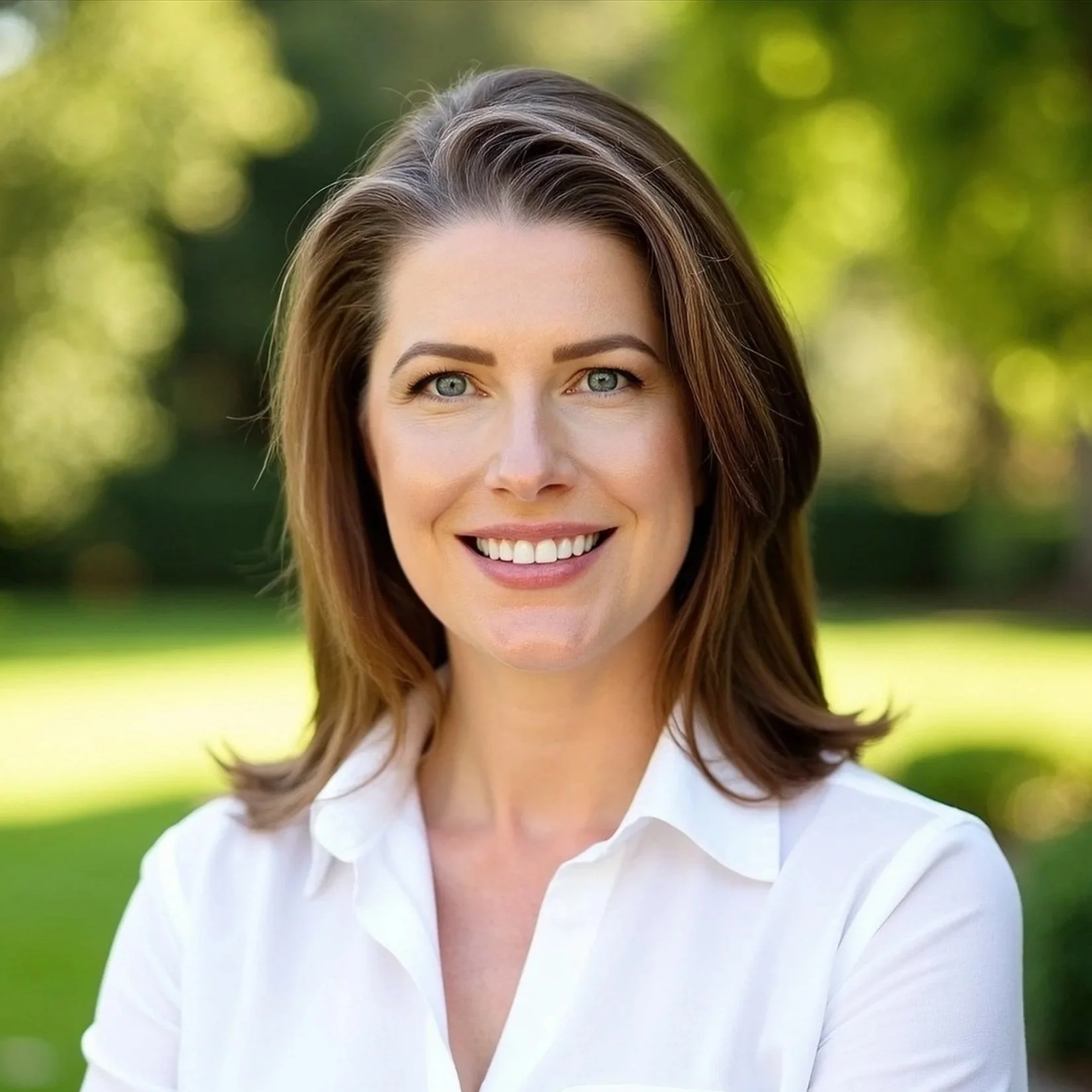 A smiling woman with shoulder-length brown hair and blue eyes outdoors in a park with green trees in the background.