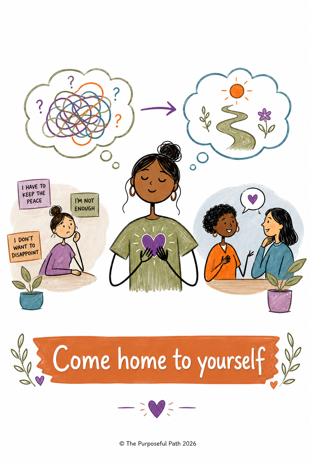 Illustration of a woman holding a purple heart to her chest with a peaceful expression, three smaller women talking and holding signs that say "I have to keep the peace," "I'm not enough," and "I don't want to disappoint," and a message "Come home to yourself" at the bottom, surrounded by plants and hearts.