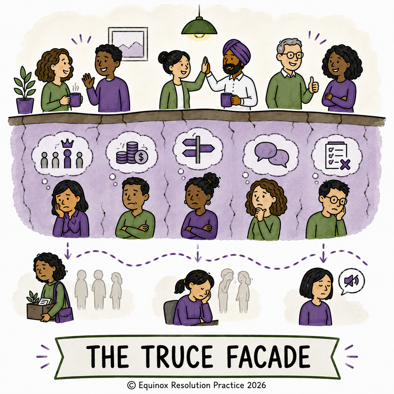 Diagram illustrating the 'Truce Facade' concept showing a diverse group of people at a table at the top, with a cracked surface below. Beneath the surface, five individuals have thought bubbles with symbols representing hierarchy, money, reach, communication, and rules. Some individuals look worried or contemplative. The bottom includes a woman with a plant, another woman with her head in her hand, and a woman with a muted microphone, indicating different responses or feelings. The illustration is captioned 'The Truce Facade,' attributed to Equinox Resolution Practice 2026.