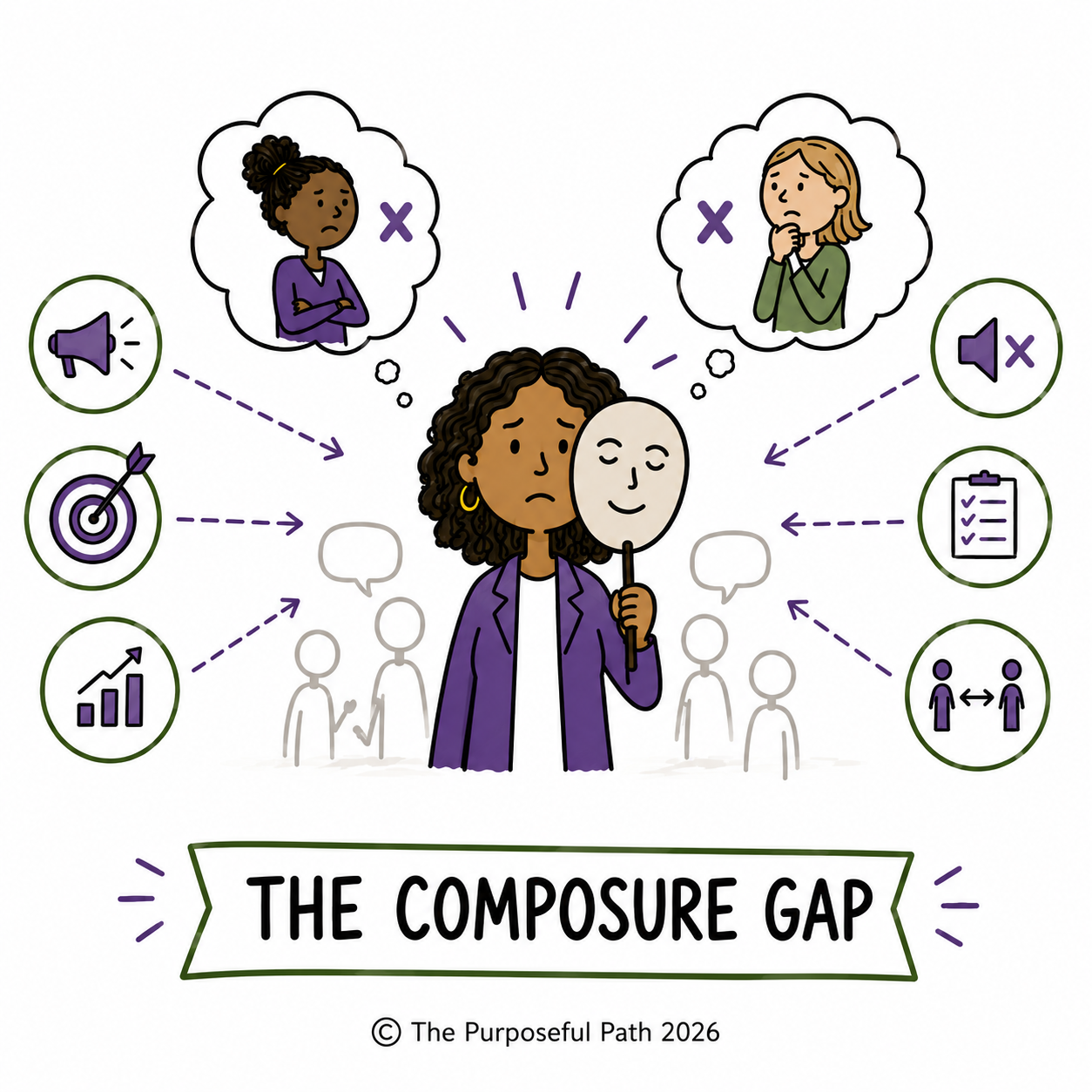 An illustration showing a woman with a mask and mask holder, surrounded by icons representing communication, goal setting, progress, and social interaction, with two thought bubbles above her depicting another woman looking unhappy and another woman looking pensive.