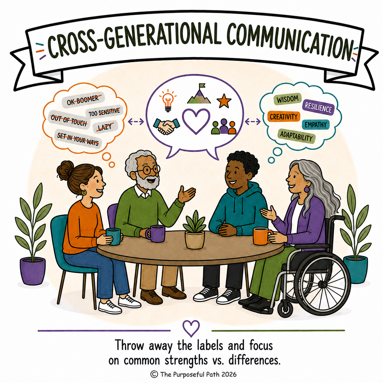 Illustration of diverse group of four people engaged in a discussion about cross-generational communication. Speech bubbles show themes like shared values, wisdom, creativity, resilience, empathy, and adaptability, with labels crossed out like 'OK Boomer' and 'Lazy.' The scene emphasizes focusing on common strengths rather than differences.