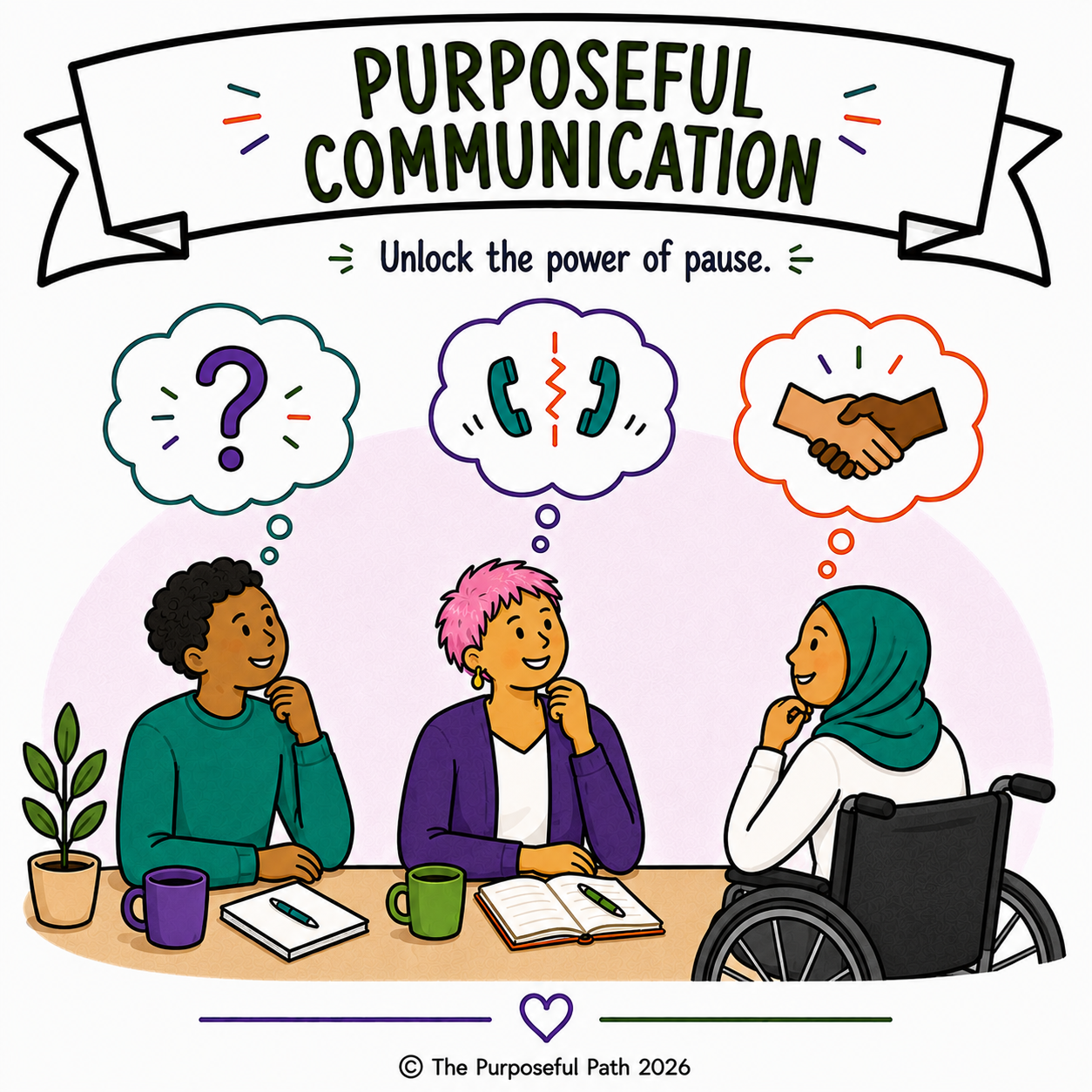 An illustration of three diverse people sitting at a table with cups, notebooks, and a pen, engaged in a conversation about purposeful communication, with thought bubbles above their heads depicting a question mark, a phone call, and a handshake.