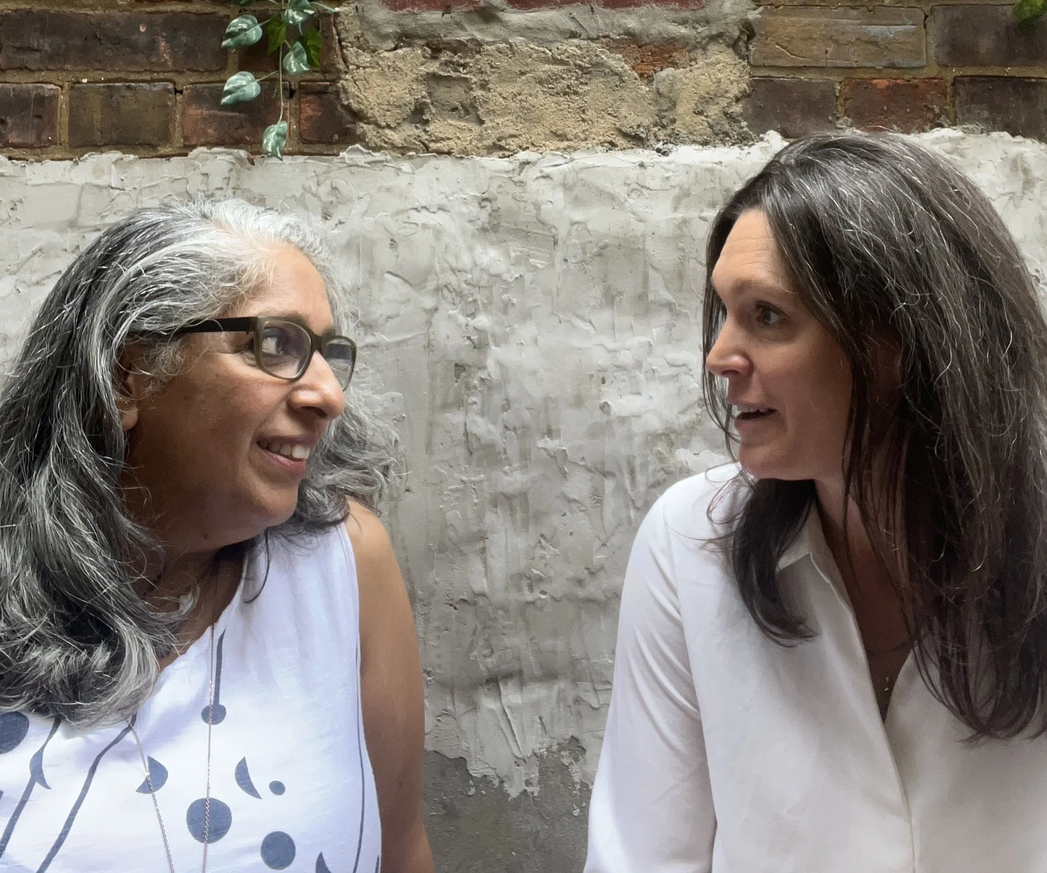 Two women face each other and smile while talking, with a brick and stucco wall in the background.