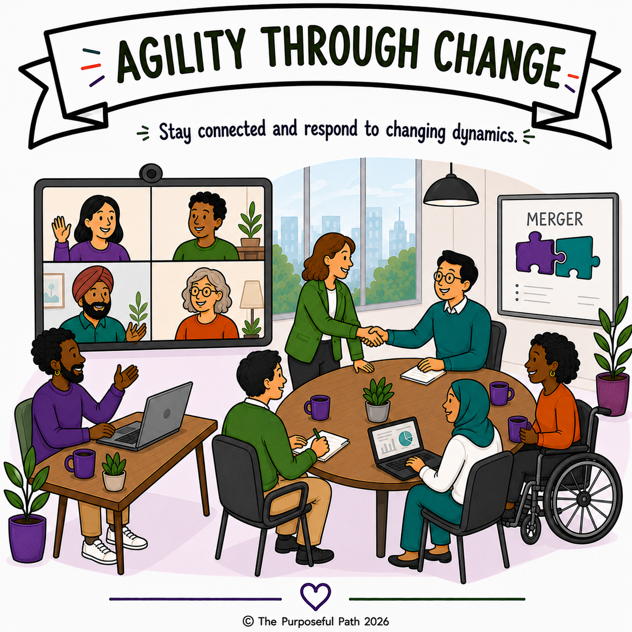 A diverse group of colleagues participate in a virtual meeting and a handshake during a business merger discussing agility through change. The scene includes a large conference table with laptops, notebooks, and plants, a window with cityscape view, and a digital screen showing puzzle piece graphics symbolizing a merger.