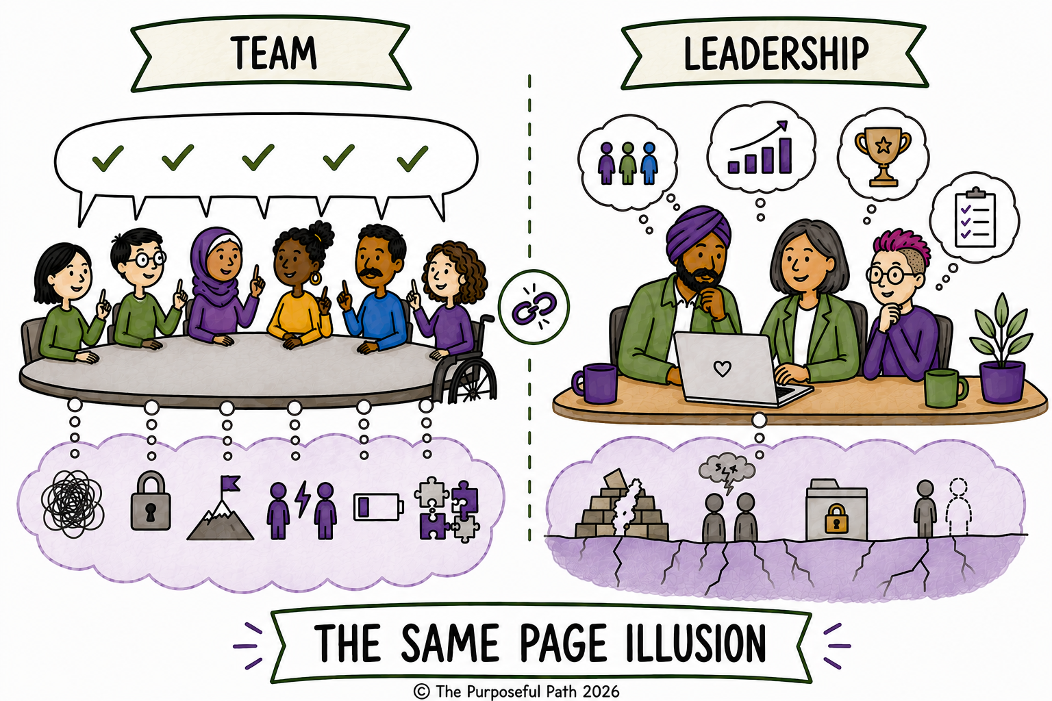 Illustration contrasting the concepts of team and leadership. On the left, a diverse group of people sitting around a table with a speech bubble containing checkmarks, symbolizing teamwork. Below, icons representing complexity, security, mountains, people, batteries, and puzzles. On the right, a leader at a desk with two colleagues, surrounded by thoughts of growth, achievements, and goals. Below, icons showing broken walls, people with clouds over them, a locked folder, and a lone individual. Title at the bottom reads "The Same Page Illusion" by The Purposeful Path, 2026.