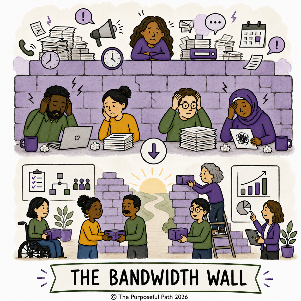 A metaphorical illustration of a 'Bandwidth Wall' showing stressed office workers overwhelmed by piles of paperwork and communication tools at the top, with a sunrise symbolizing hope as people help each other, build a supportive wall, and work together below, representing overcoming workloads and improving productivity.