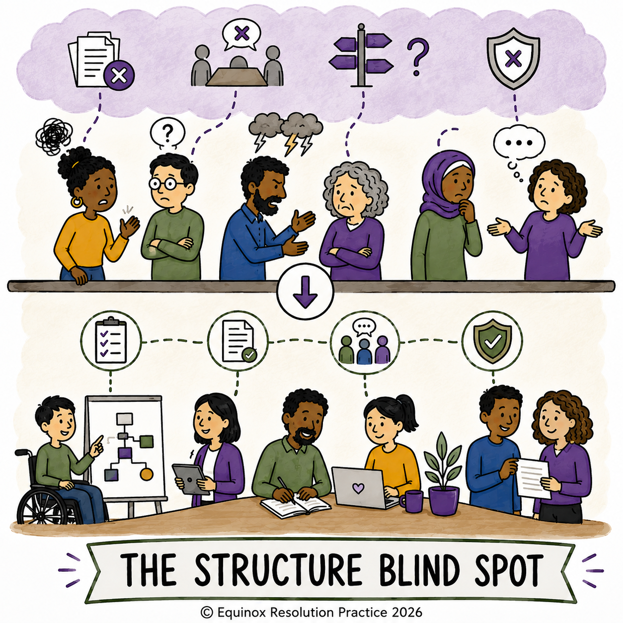 An illustration of diverse groups of people engaging in discussions and activities related to the structure of an organization or project, emphasizing the importance of clear communication, planning, and understanding of roles to avoid structure blind spots.