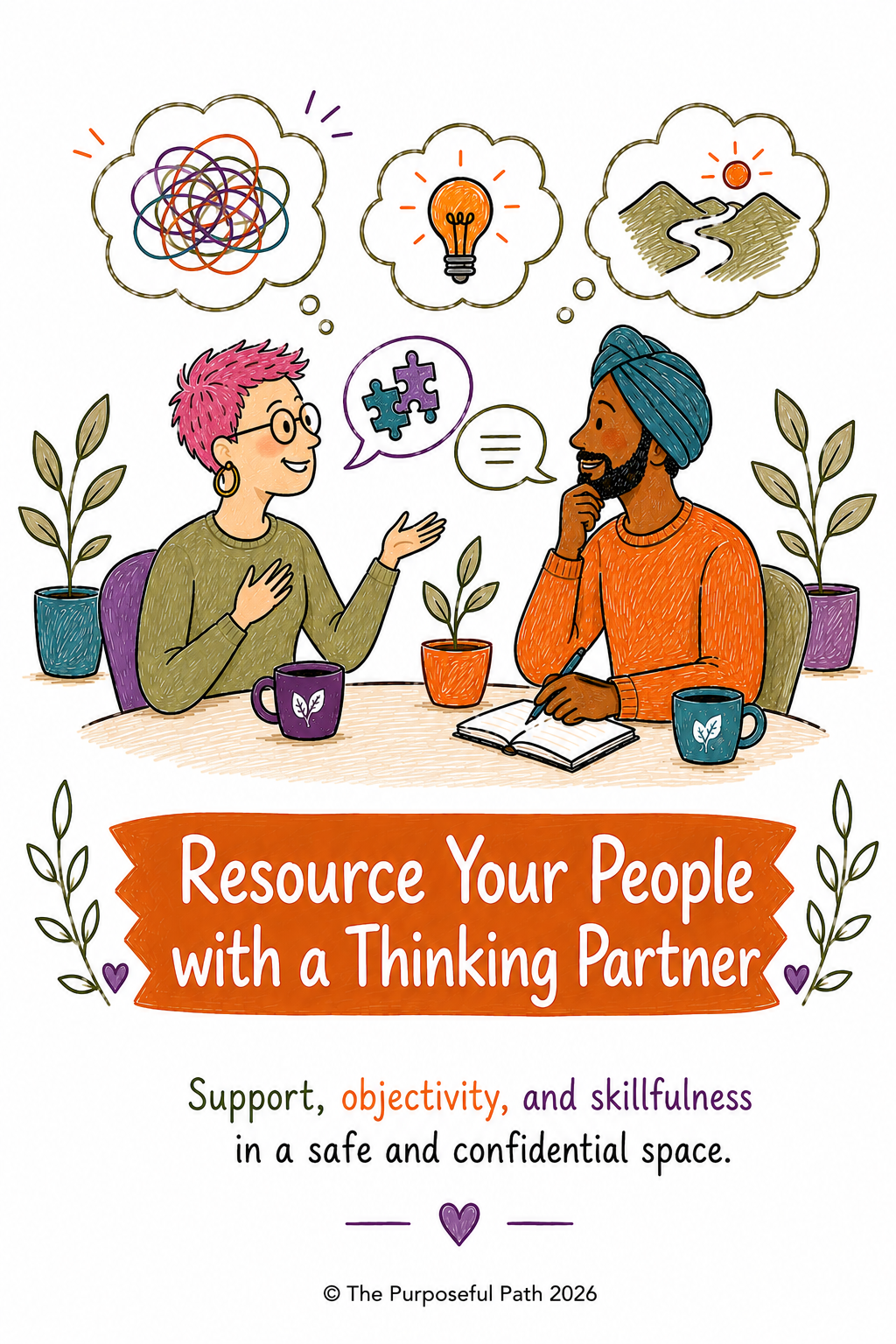 An illustration of two people sitting at a table, engaged in a discussion about thinking and problem-solving. The woman on the left has pink hair and glasses, and the man on the right wears a turban and has a notebook open in front of him. Above them are thought clouds with symbols for chaos, ideas, and landscapes. The image includes potted plants and a banner that says 'Resource Your People with a Thinking Partner'.