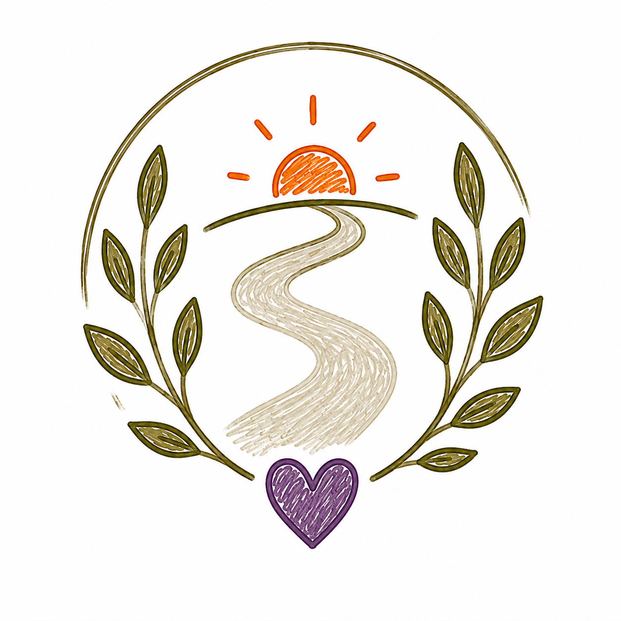 Hand-drawn illustration of a sun rising over a winding path, framed by olive branches and a purple heart at the bottom.