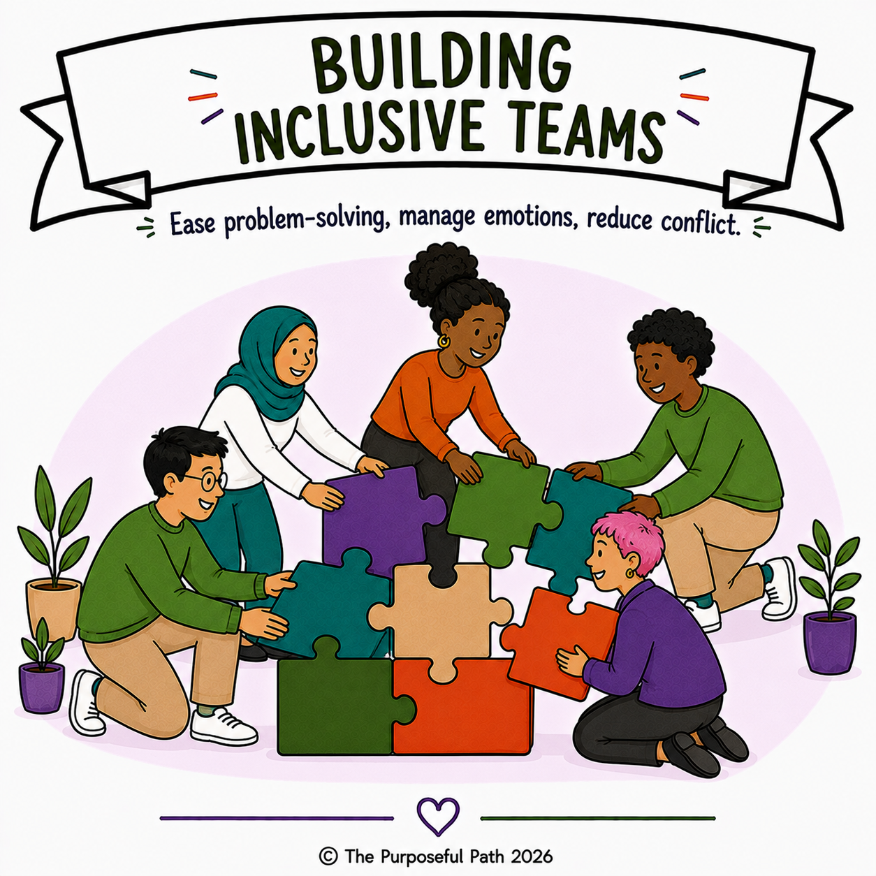 Illustration of diverse children and adults assembling colorful jigsaw puzzle pieces together, promoting teamwork and inclusion.