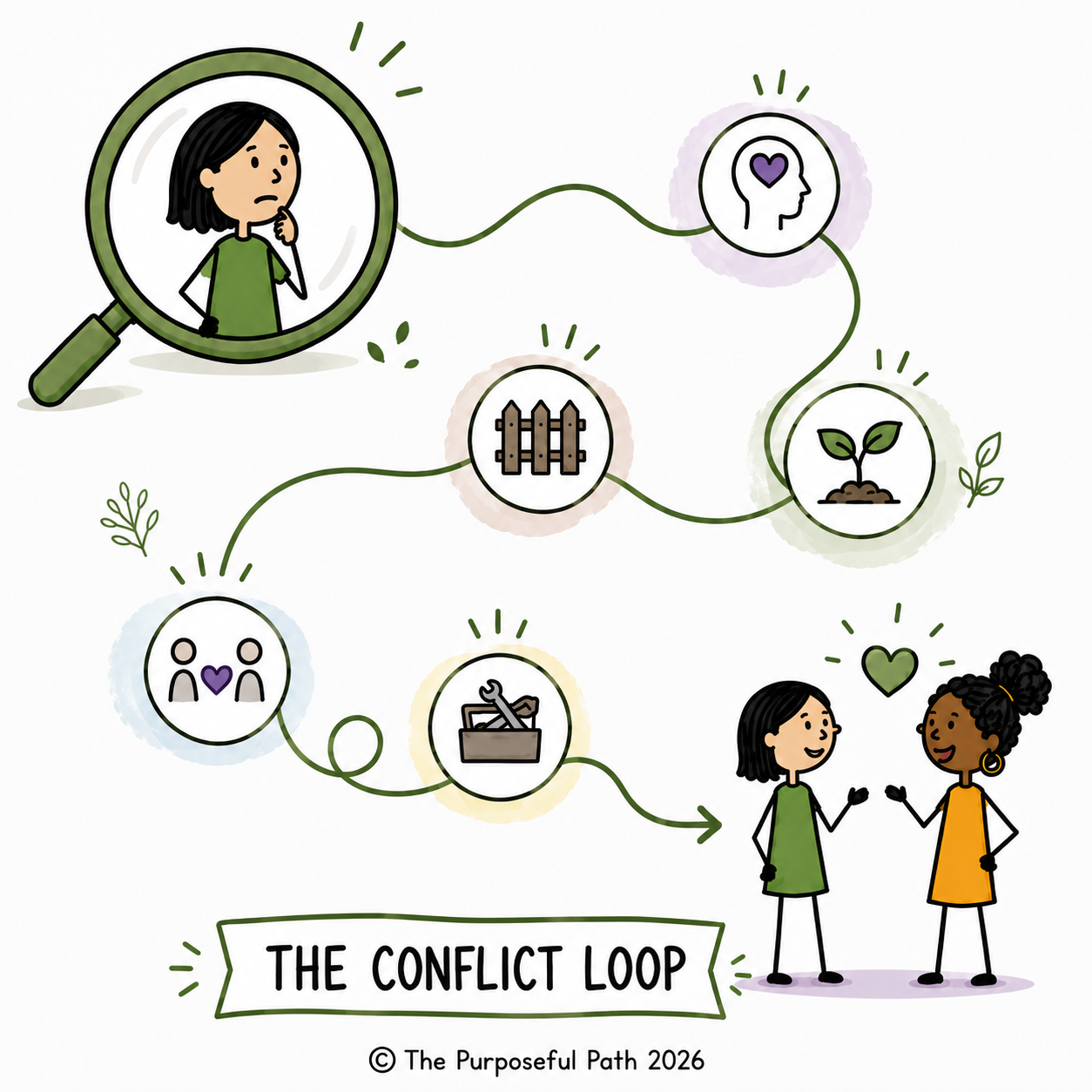 A diagram titled 'The Conflict Loop' with illustrations of a person thinking, a heart in a head, a fence, a sprout, two people with a heart, tools, and two people talking, representing the cycle of conflict and resolution.