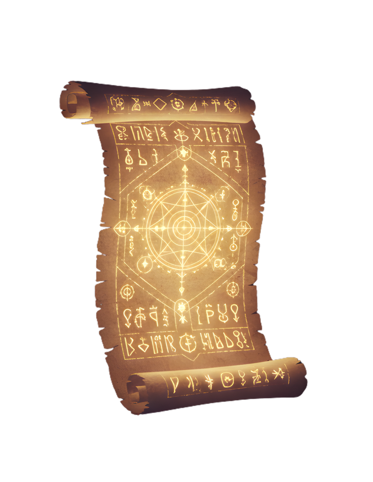 An ancient scroll glowing with mystical symbols and geometric patterns.