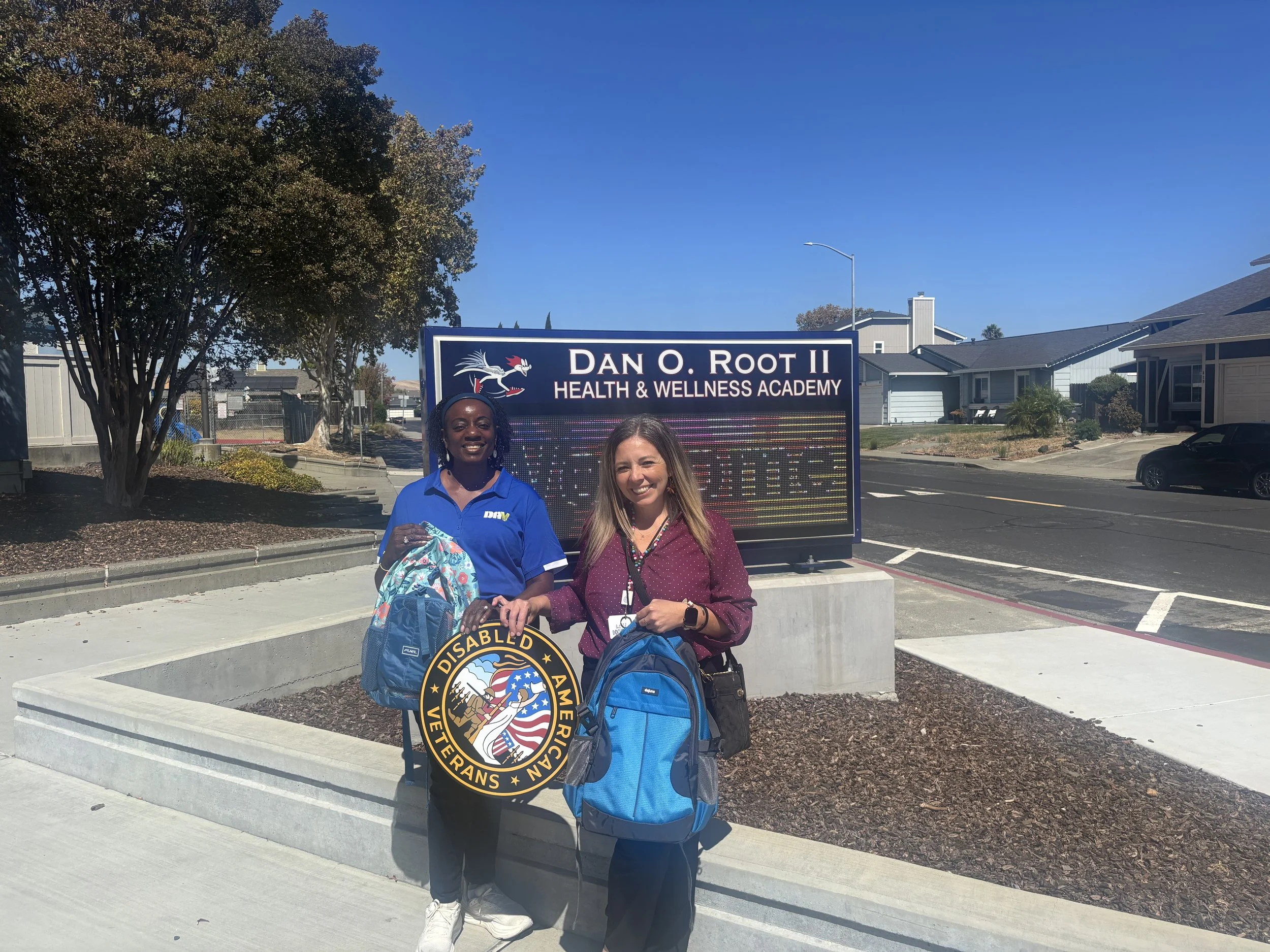 Back to School BackPack Giveaway - September 2026.  Will C. Wood High School in Vacaville, CA, Dan O Root Elementary in Suisun City, CA and Holy Spirit School in Fairfield, CA. 