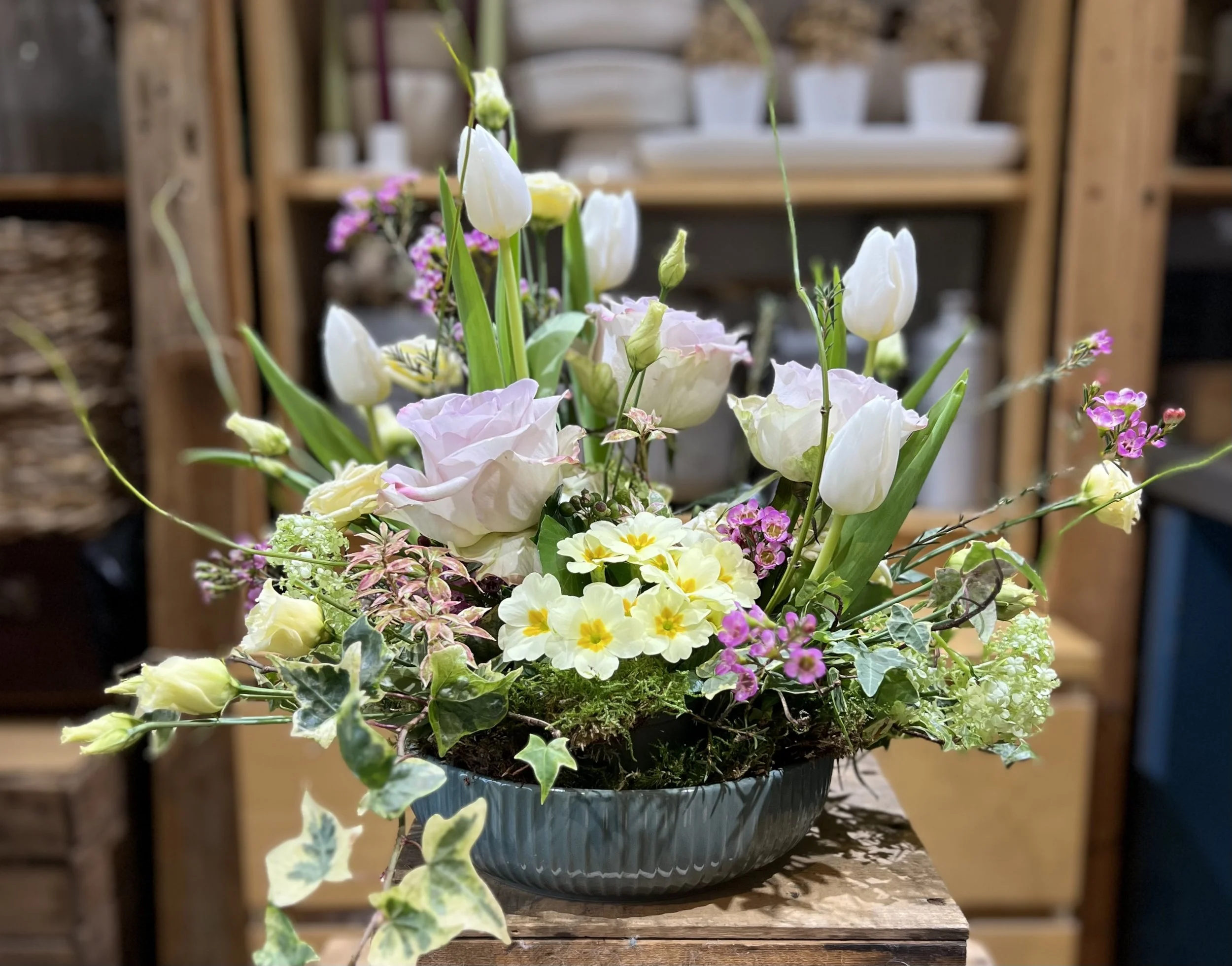 Apr 3rd 2026- Primrose & moss Spring arrangement- SOLD OUT