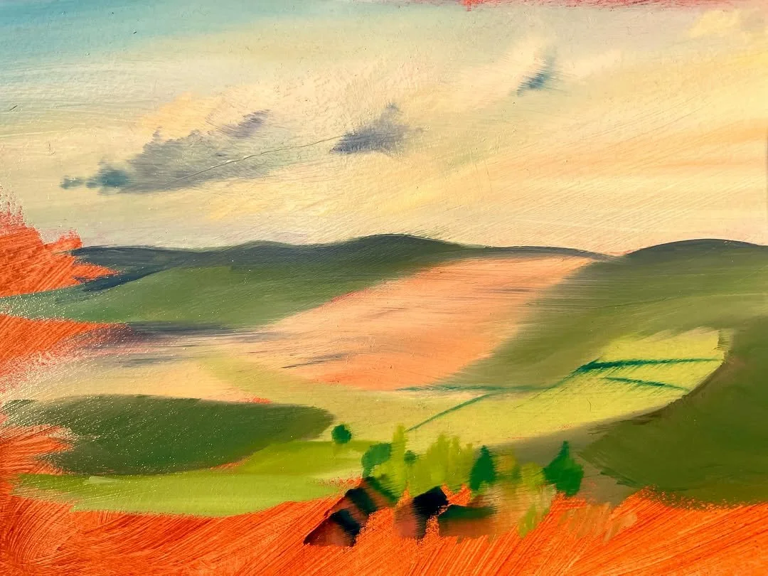 Oil sketch of the distant Hills just before sunset on the 6/5/2026 A very pleasing light the evening light soft and warm so nice to glide the brush along the sky.