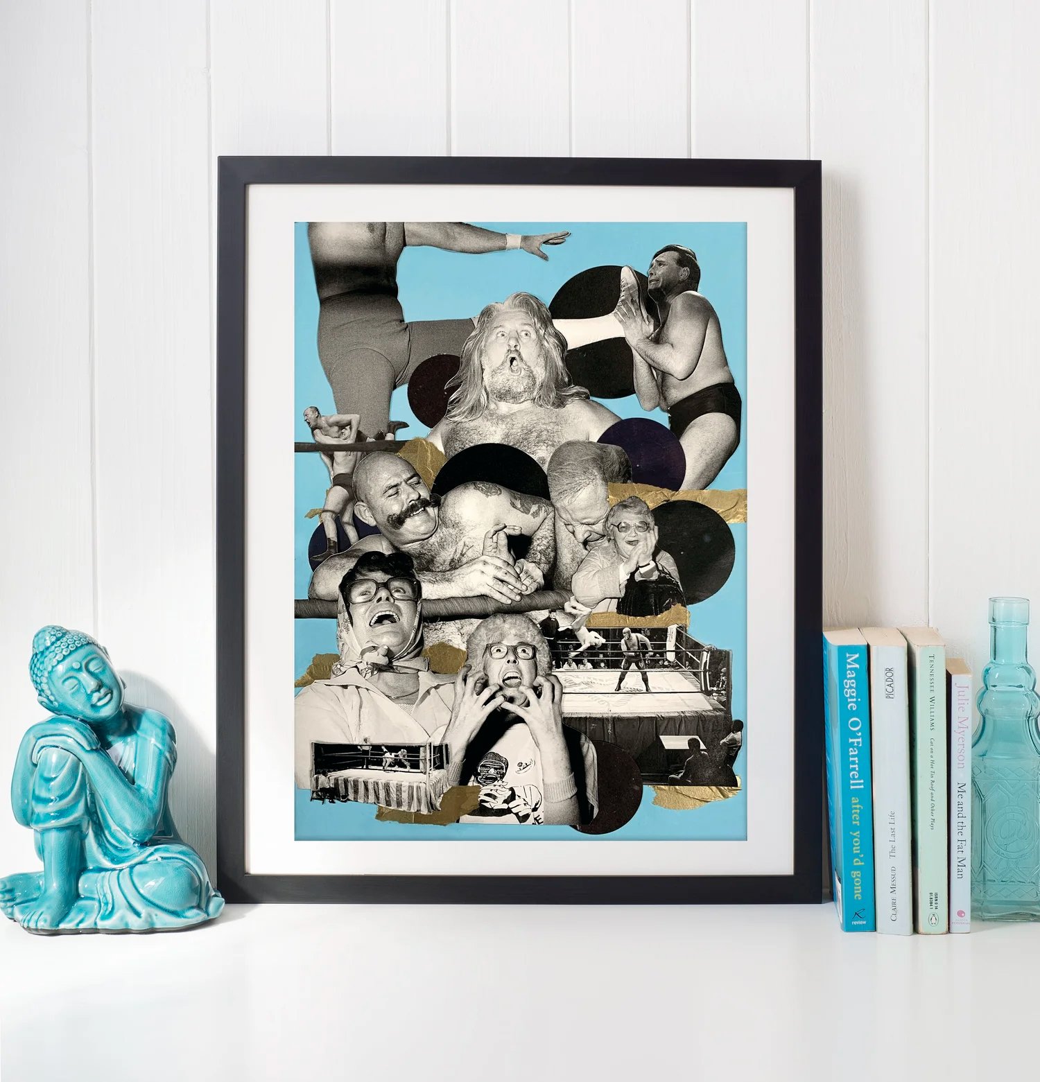 A collage of black and white photos featuring various people and a boxing ring, with a bright blue background and abstract coloured shapes. By Alex Darke