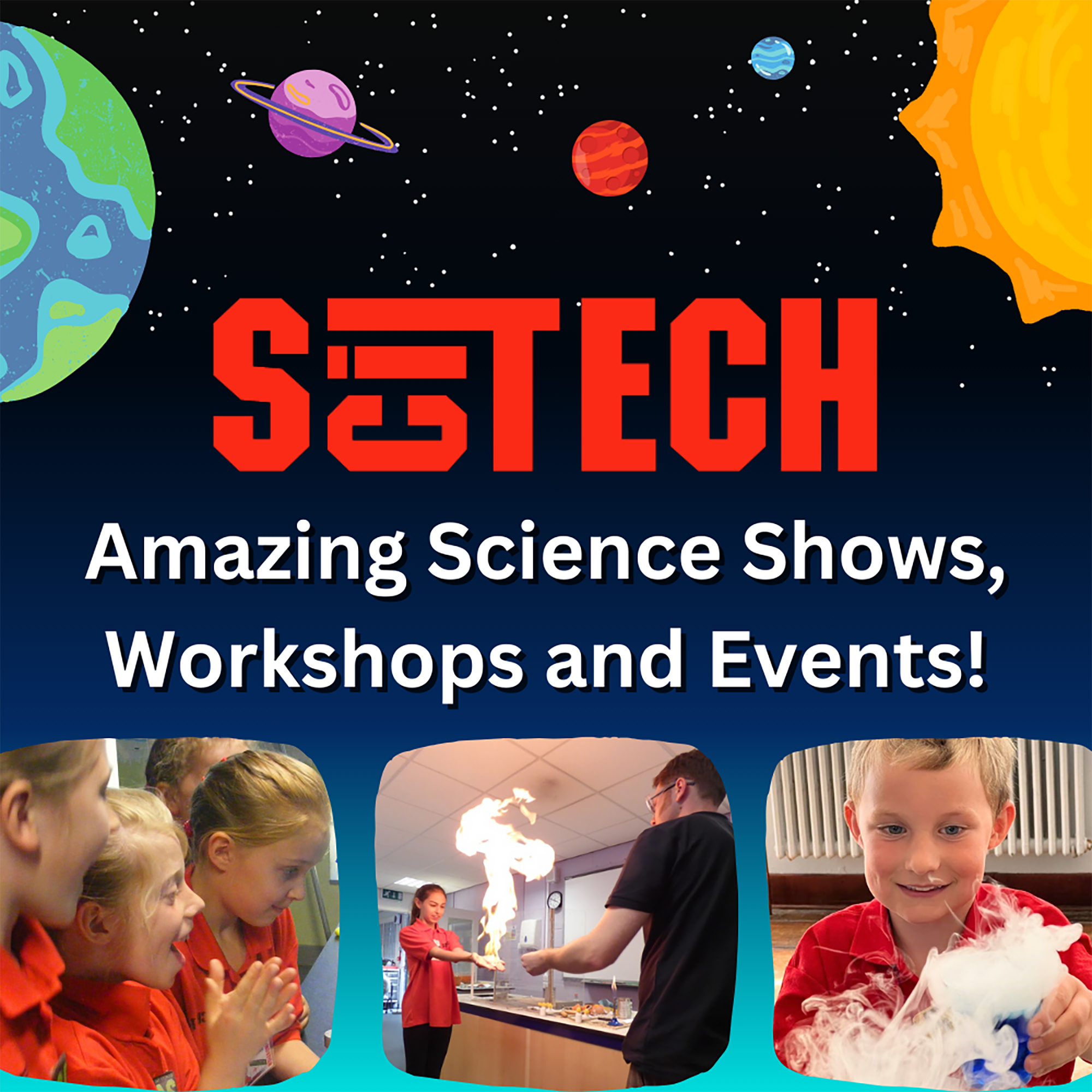 Dark blue background with planets and the company logo for Scitech