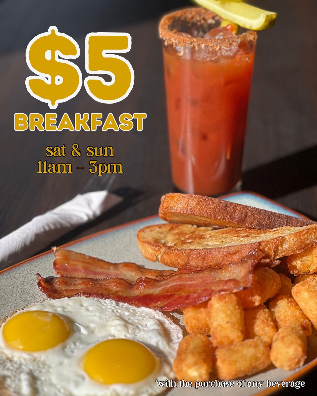 FIVE DOLLAR BREKKY IS BACK BABY!!! 🍳

Every Saturday and Sunday between 11am-3pm come grab a breakfast for only 5 bucks! In this economy? Hell yeah! 

Starts Nov 15 

*offer available with the purchase of any beverage