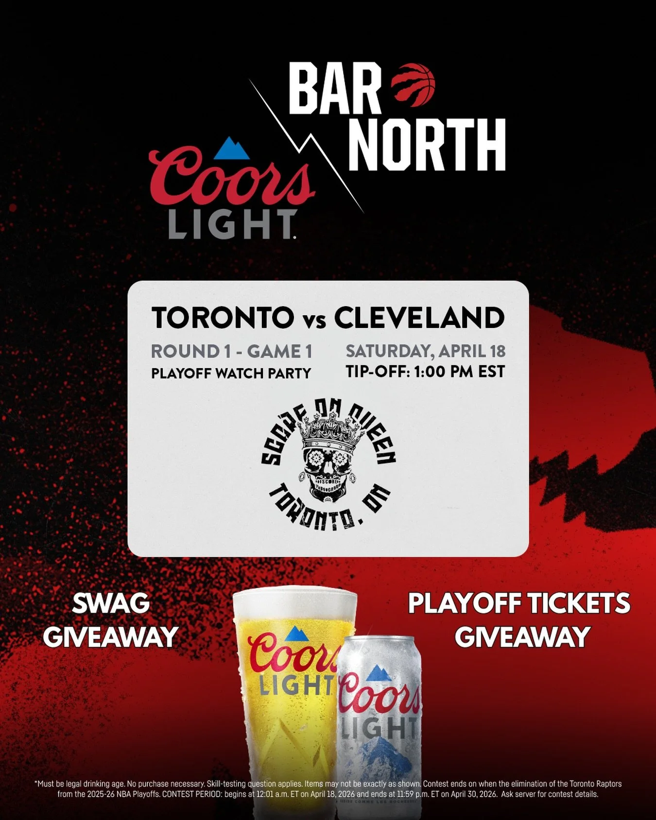SATURDAY APRIL 18TH

Come on down to watch the @raptors playoff game + try your luck at winning a pair of playoff tickets! 🏀